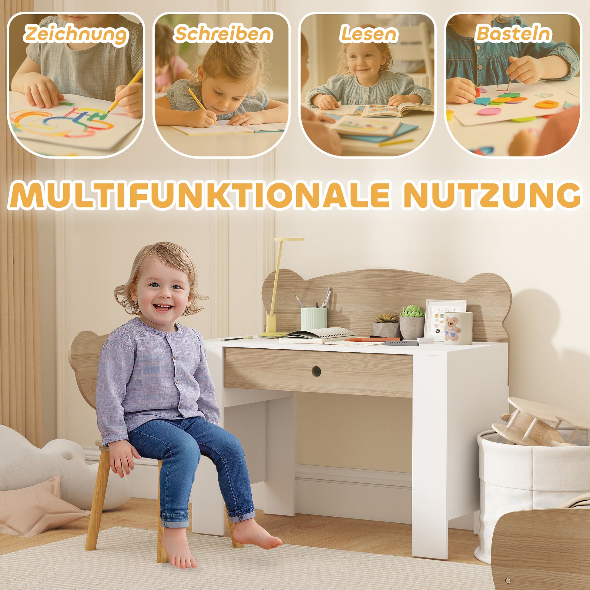 Schreibtisch-Set für Kinder, Schublade, zum Schreiben und Basteln, 3-8 Jahre, Naturholz