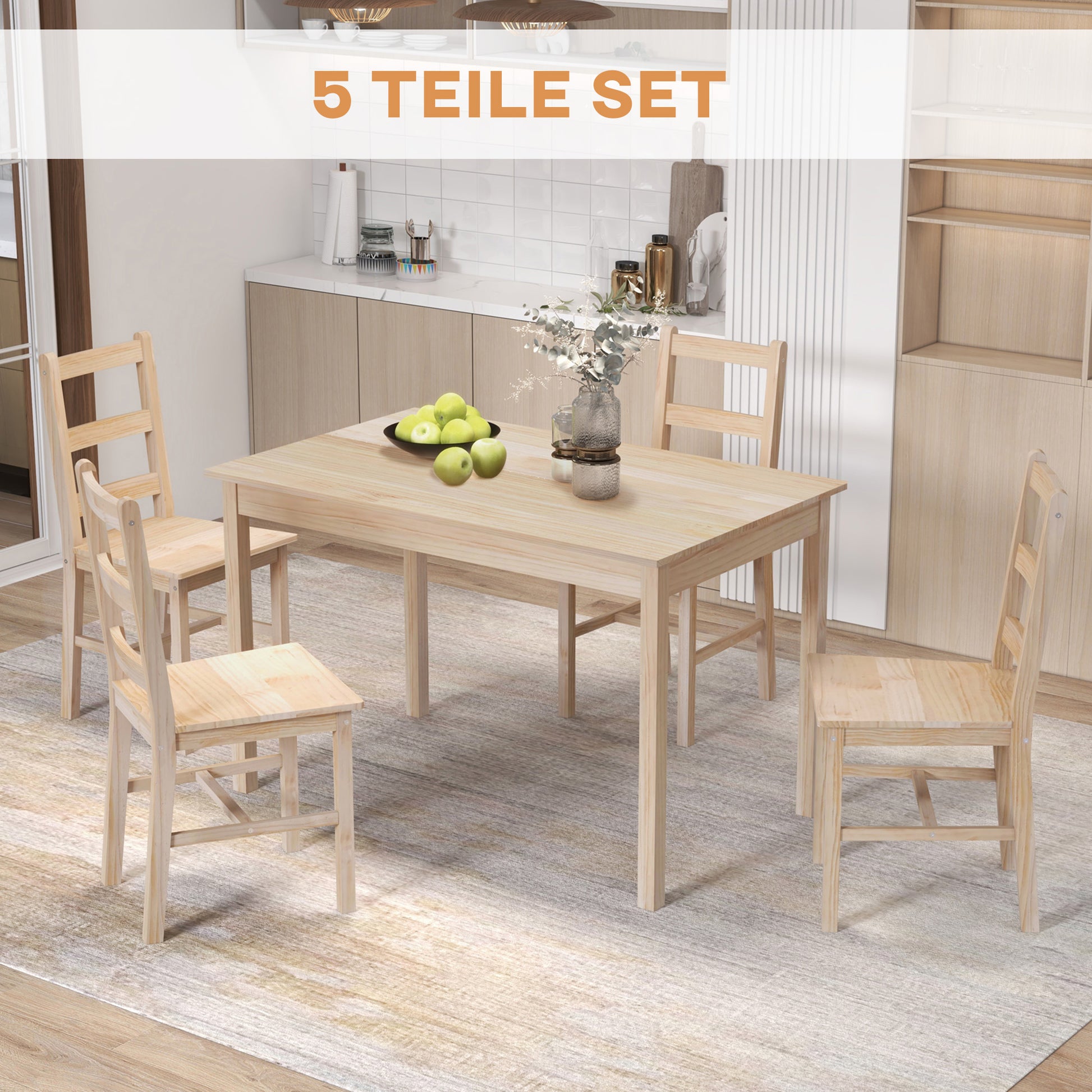 5-teilige Essgruppe Esstisch mit Stühlen Sitzgruppe, Massivholz, 118 cm x 73 cm x 75 cm