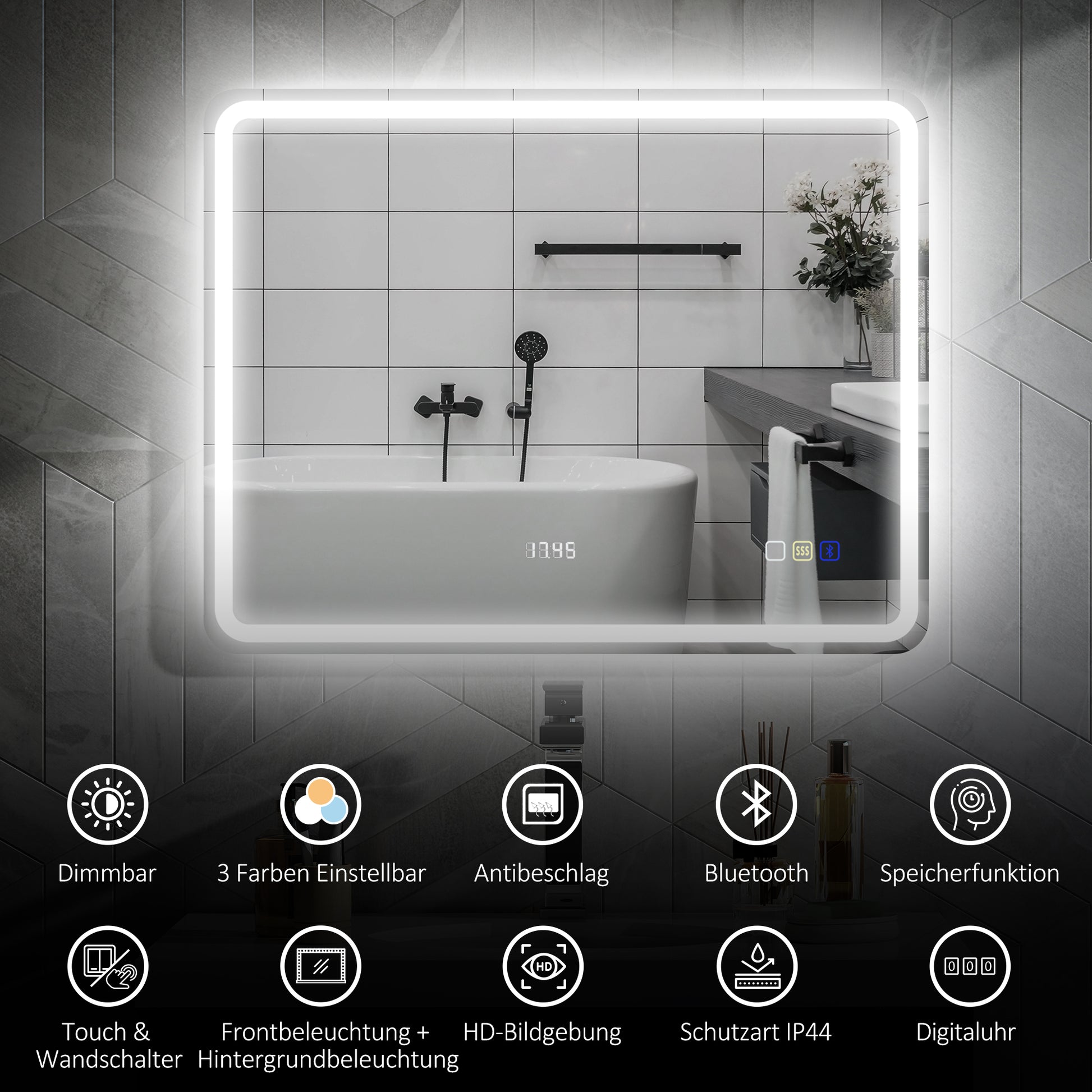 Badezimmerspiegel mit LED-Beleuchtung, Anti-Beschlags-Pad, 3 verstellbare Farben, Uhr
