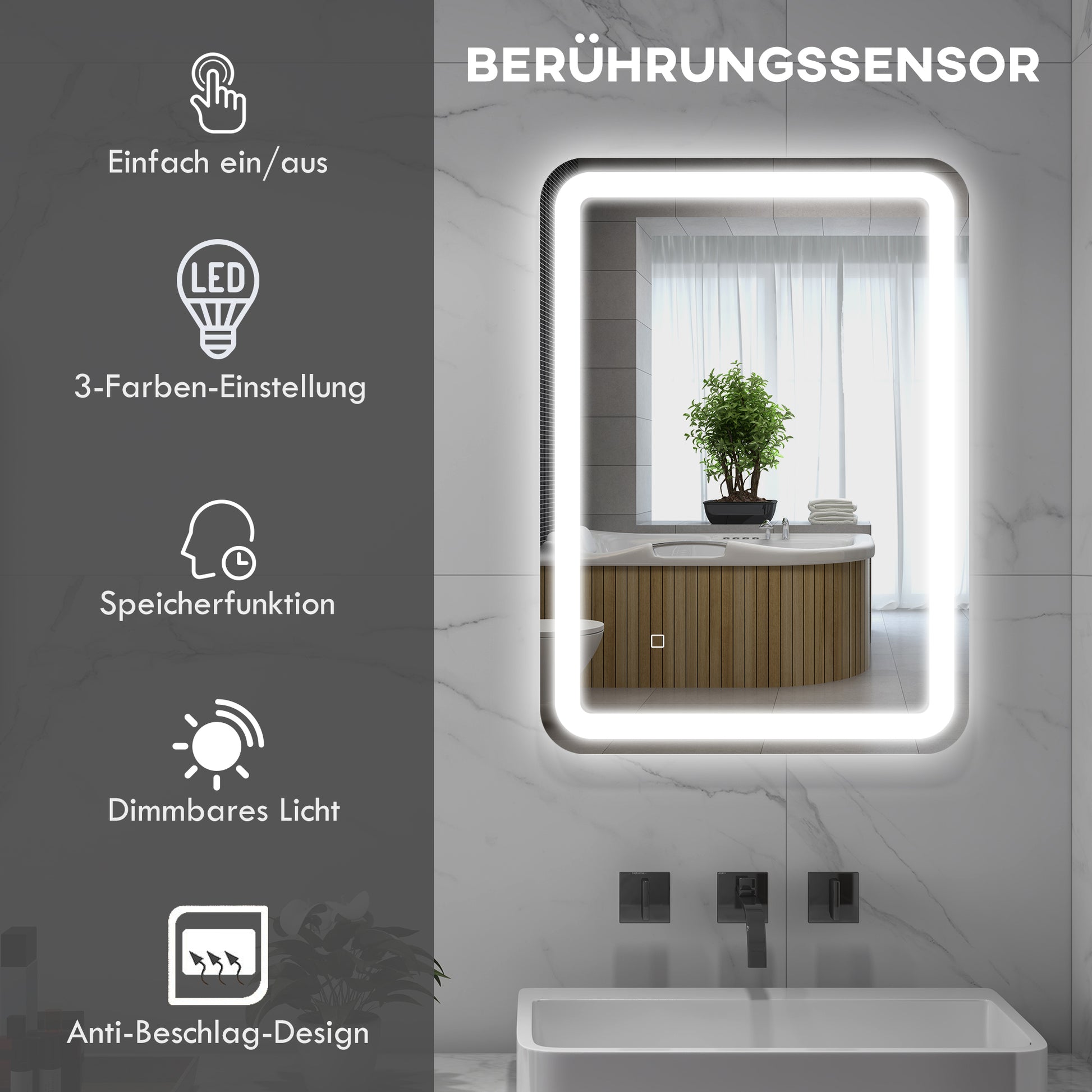 Badezimmerspiegel, beleuchtet, Touch-Steuerung, beschlagfrei, dimmbar, 3 Lichtfarben