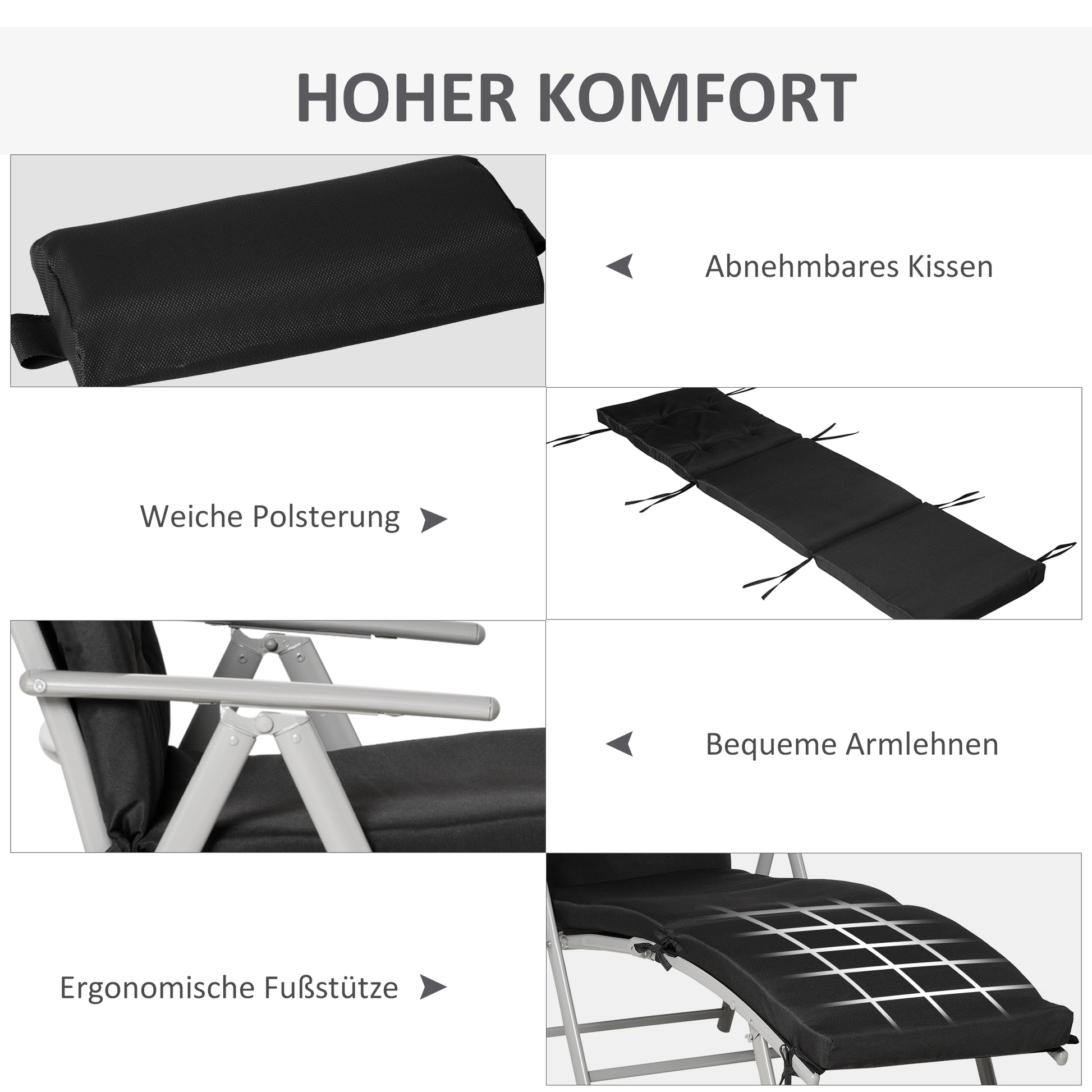 Sonnenliege klappbar mit Kopfkissen Sitzkissen, verstellbare Rückenlehne bis 165 kg
