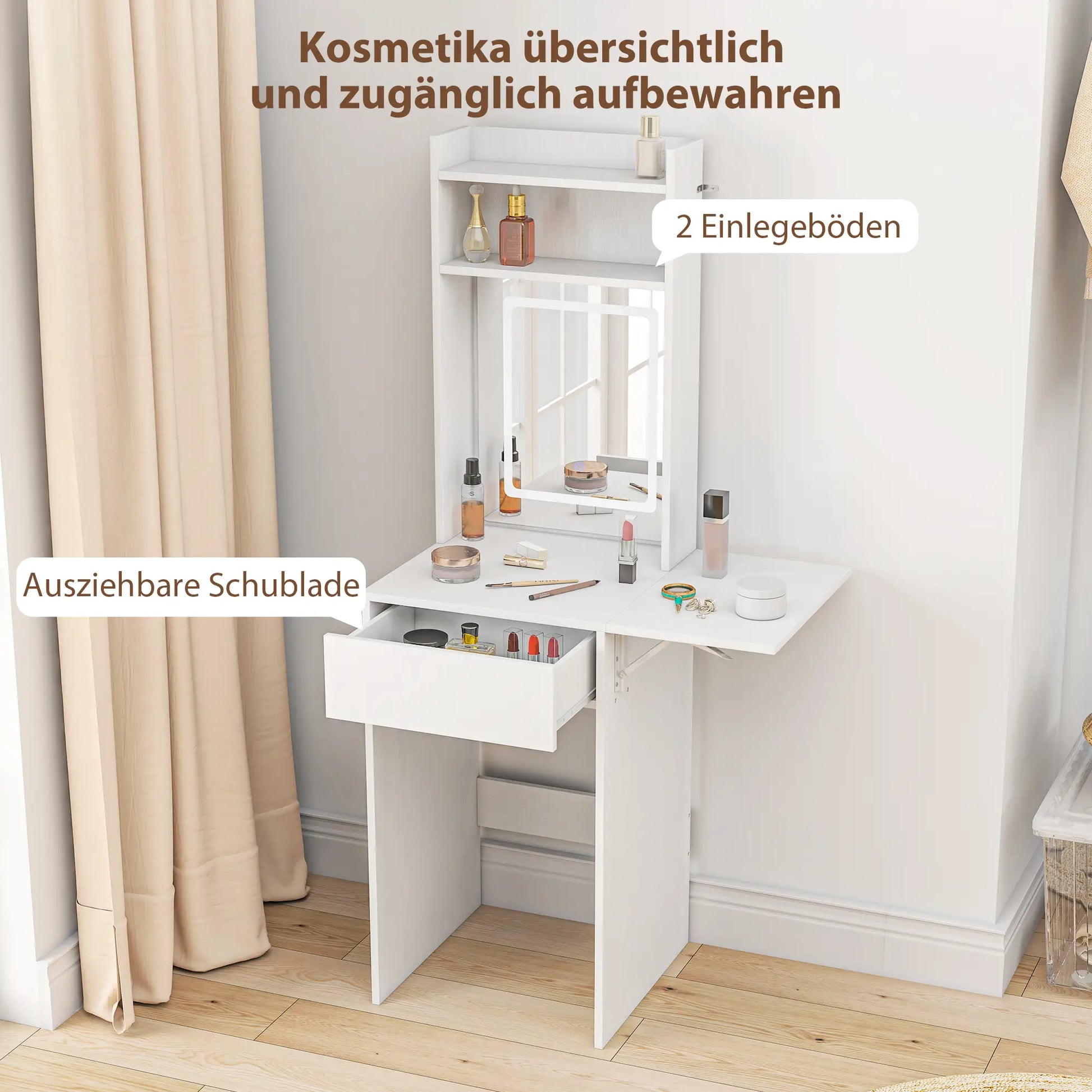 Kompakter Schminktisch mit Spiegel und LED, klappbare Tischplatte, offenere Regale, Schublade