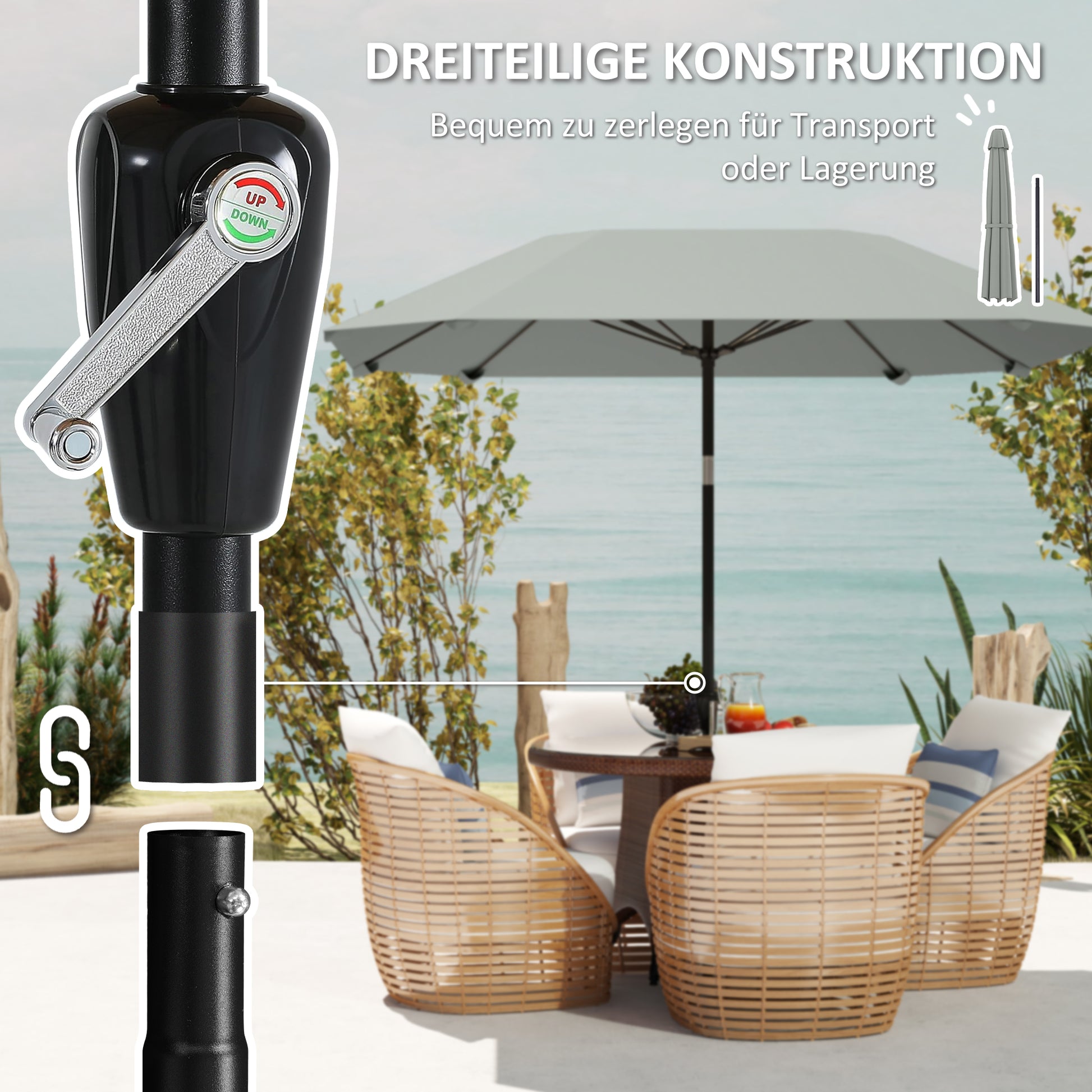 2,3 m Sonnenschirm ohne Basis, Verstellbar mit Kurbel, Polyester, Aluminium, Fiberglas