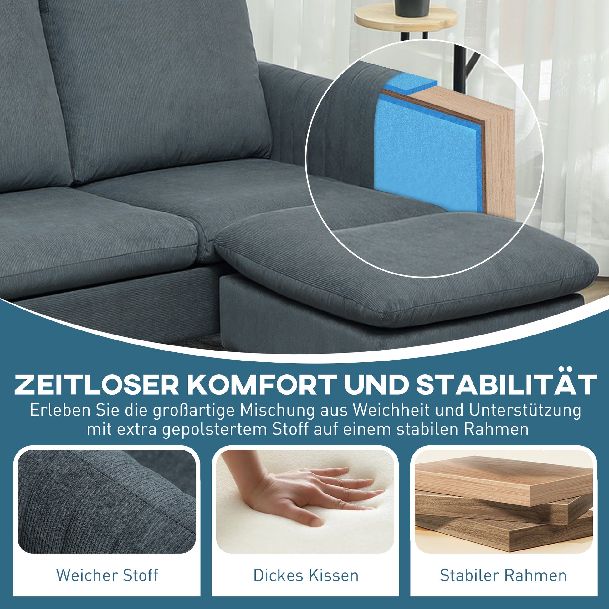 Ecksofa mit Schlaffunktion Sofa mit Fußhocker, 3 Wurfkissen, Eckcouch L-Form 196 x 140 x 88 cm Grau