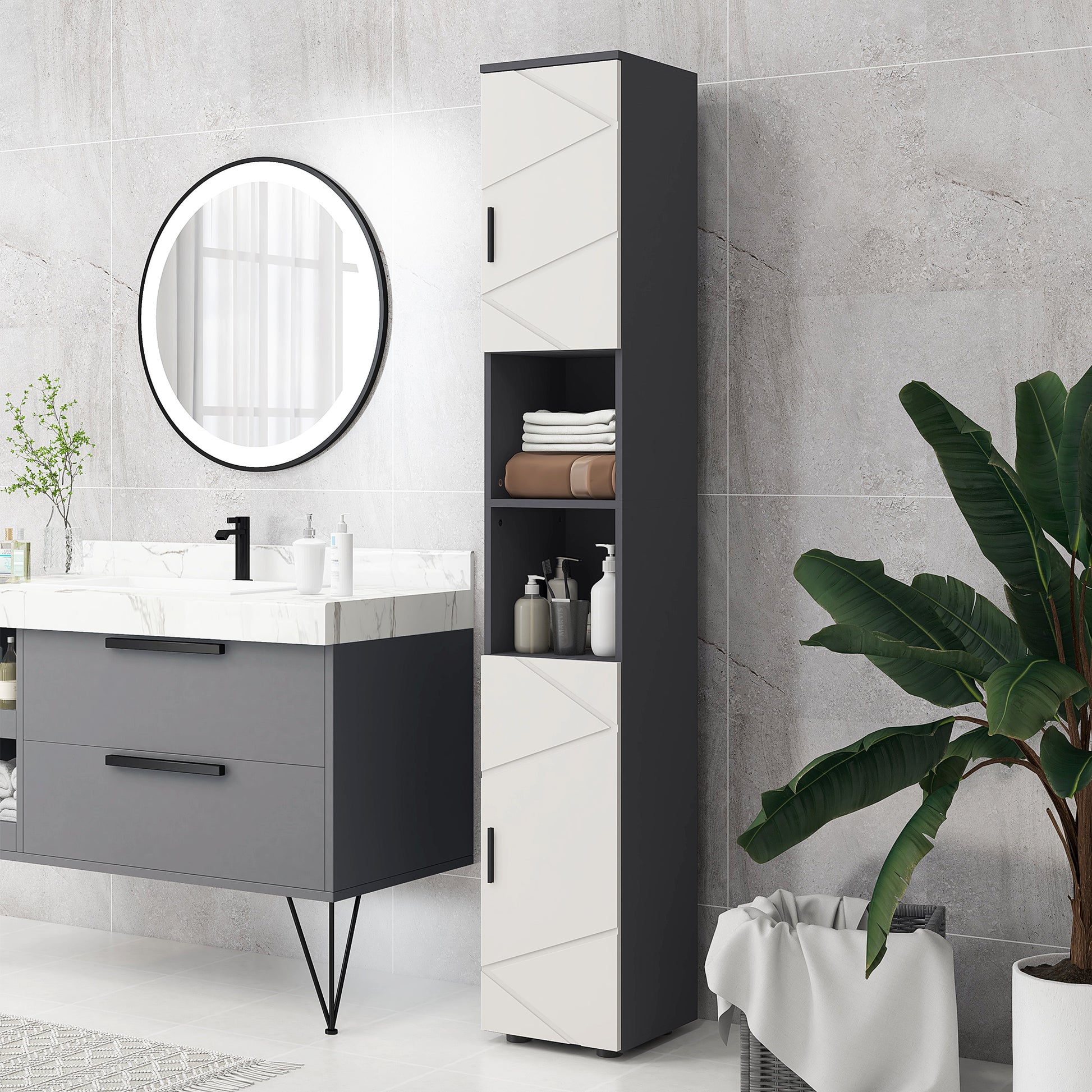 Badezimmerschrank, Badschrank, verstellbare Regale, Spanplatte, Hellgrau