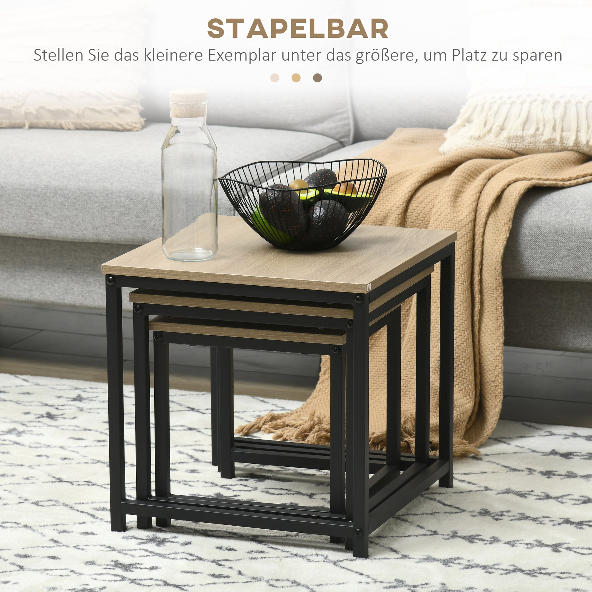 Set aus 3 Beistelltischen, Industrial Design, schwarzer Stahlrahmen, Tischplatte in Holzoptik