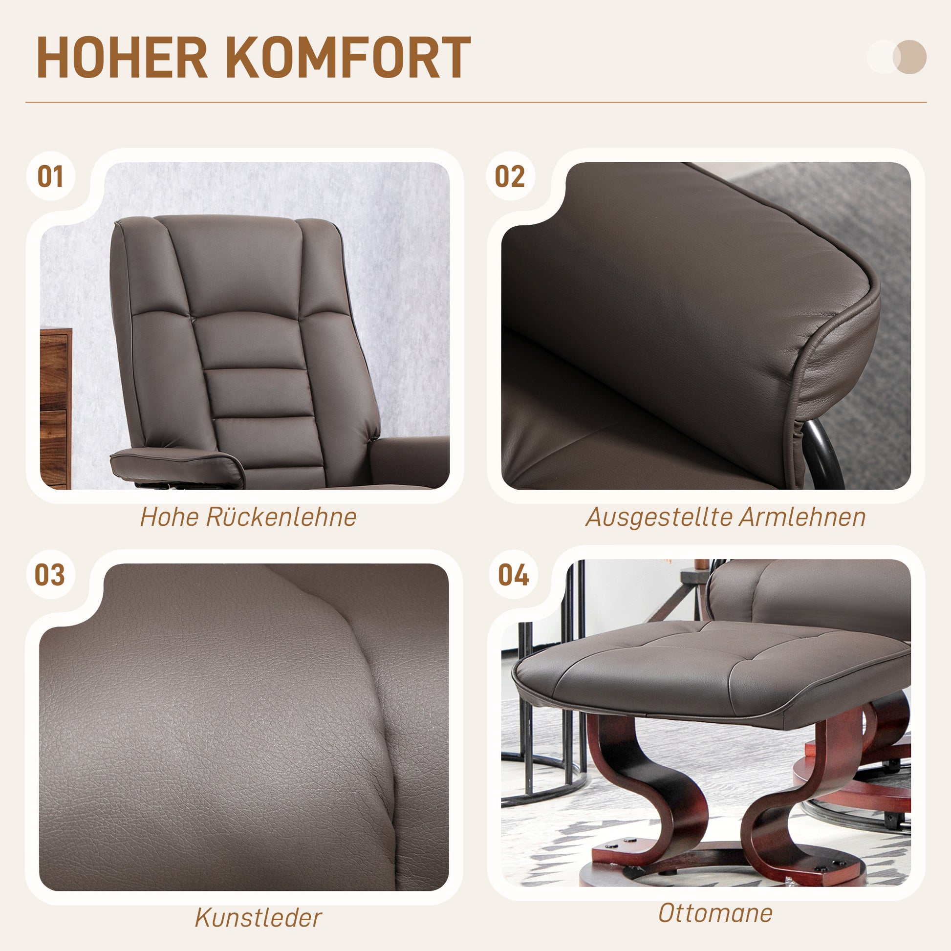 Relaxsessel mit Hocker, drehbar & neigbar, Kunstlederbezug, bis 150 kg, Holzgestell