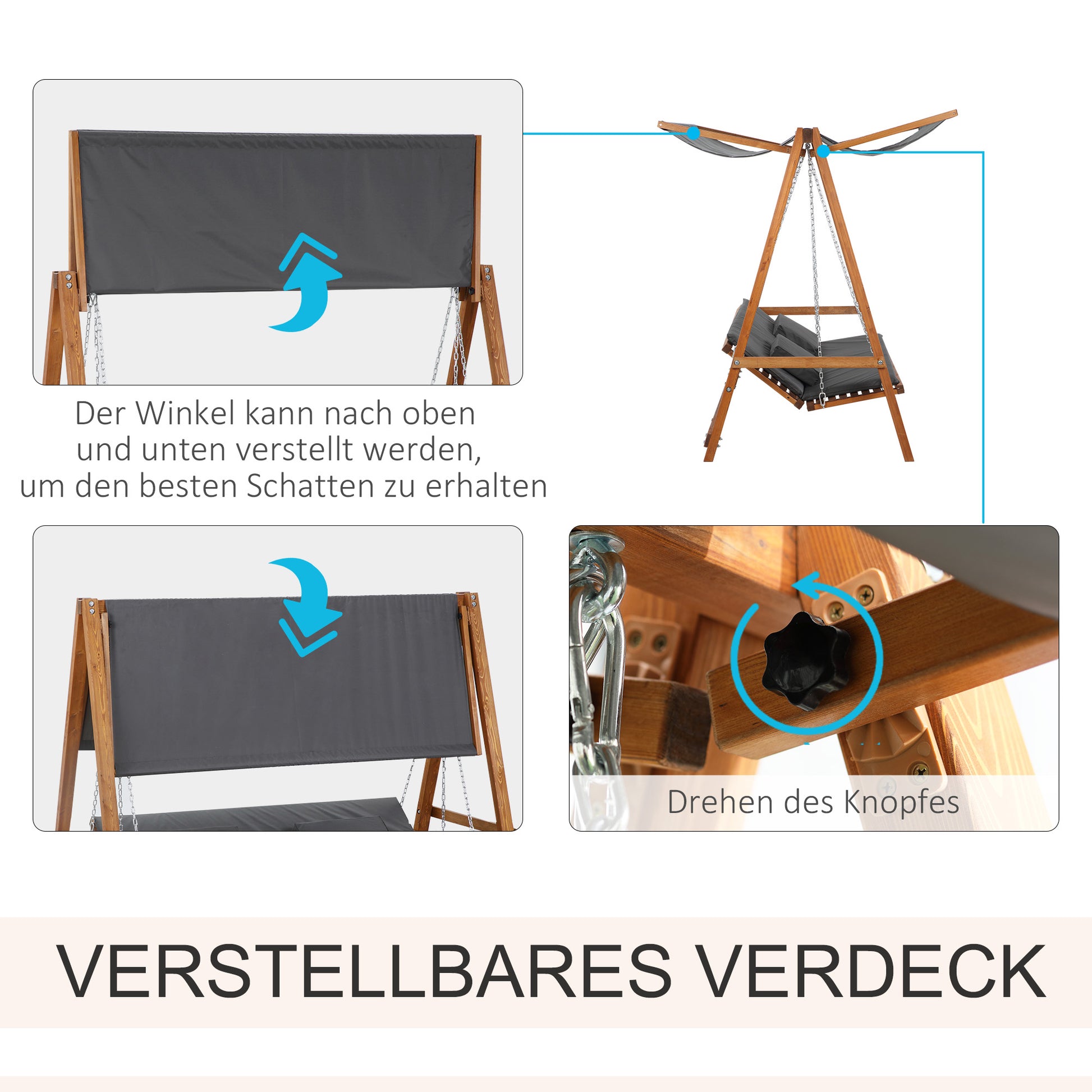 3-Sitzer Gartenschaukel mit verstellbarem Sonnendach Schaukelbank belast 250kg Grau+Teak