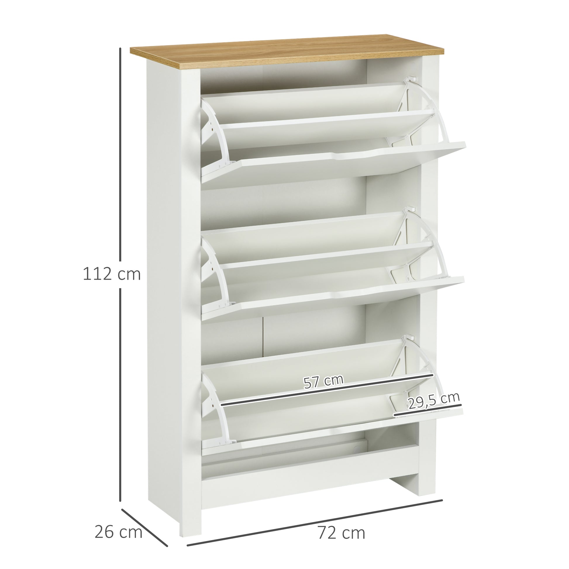 Schuhschrank, 3 Fächer, 18 Paar Schuhe, 72 cm x 26 cm x 112 cm, Weiß + Braun