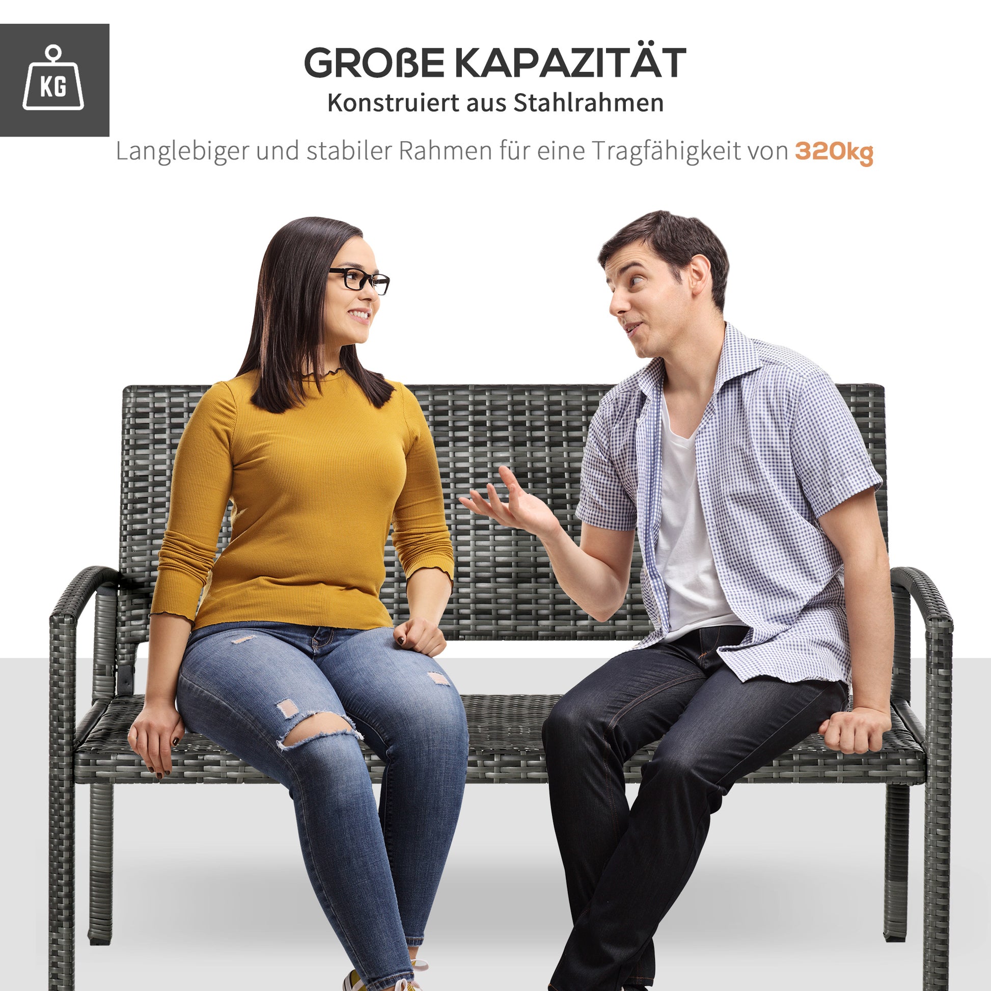 Gartenbank, in Rattanoptik, mit Stahlrahmen, für 2 Personen, Schwarz, 122 x 60 x 85cm