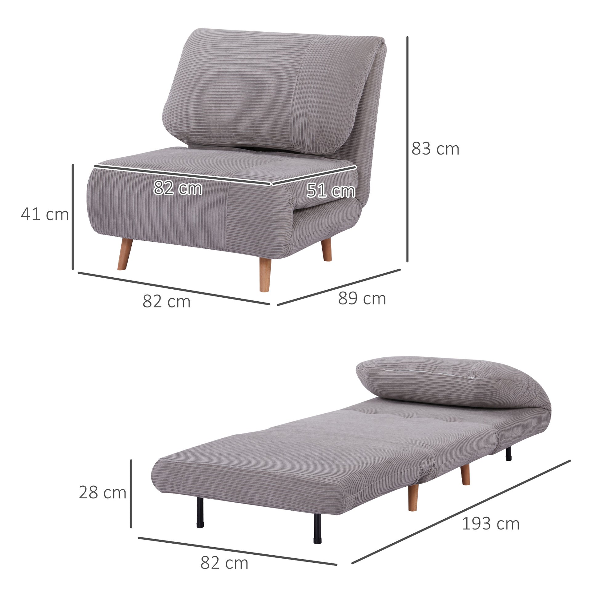 2-in-1 Schlafsessel Gästebett, bis 200 kg, verstellbare Kopfstütze Cord-Optik 82 cm x 8 cm x 83 cm