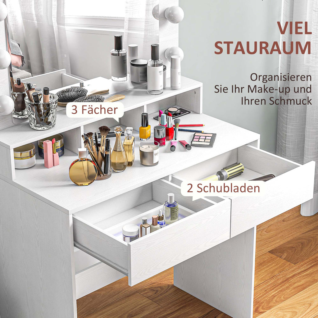 Schminktisch mit beleuchtetem Spiegel, Schubladen, 3 Lichtoptionen, 10 Glühbirnen, Weiß