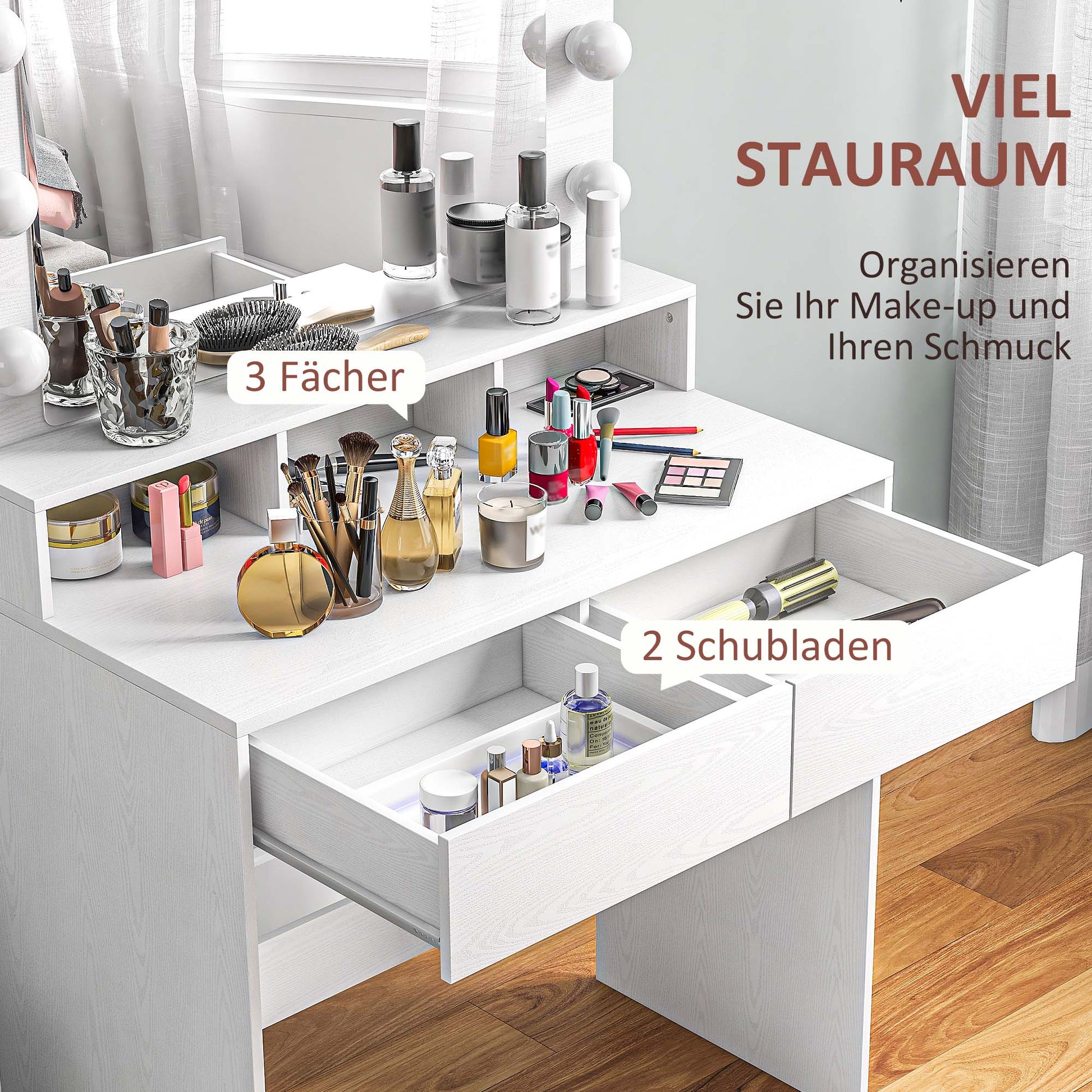 Schminktisch mit beleuchtetem Spiegel, Schubladen, 3 Lichtoptionen, 10 Glühbirnen, Weiß