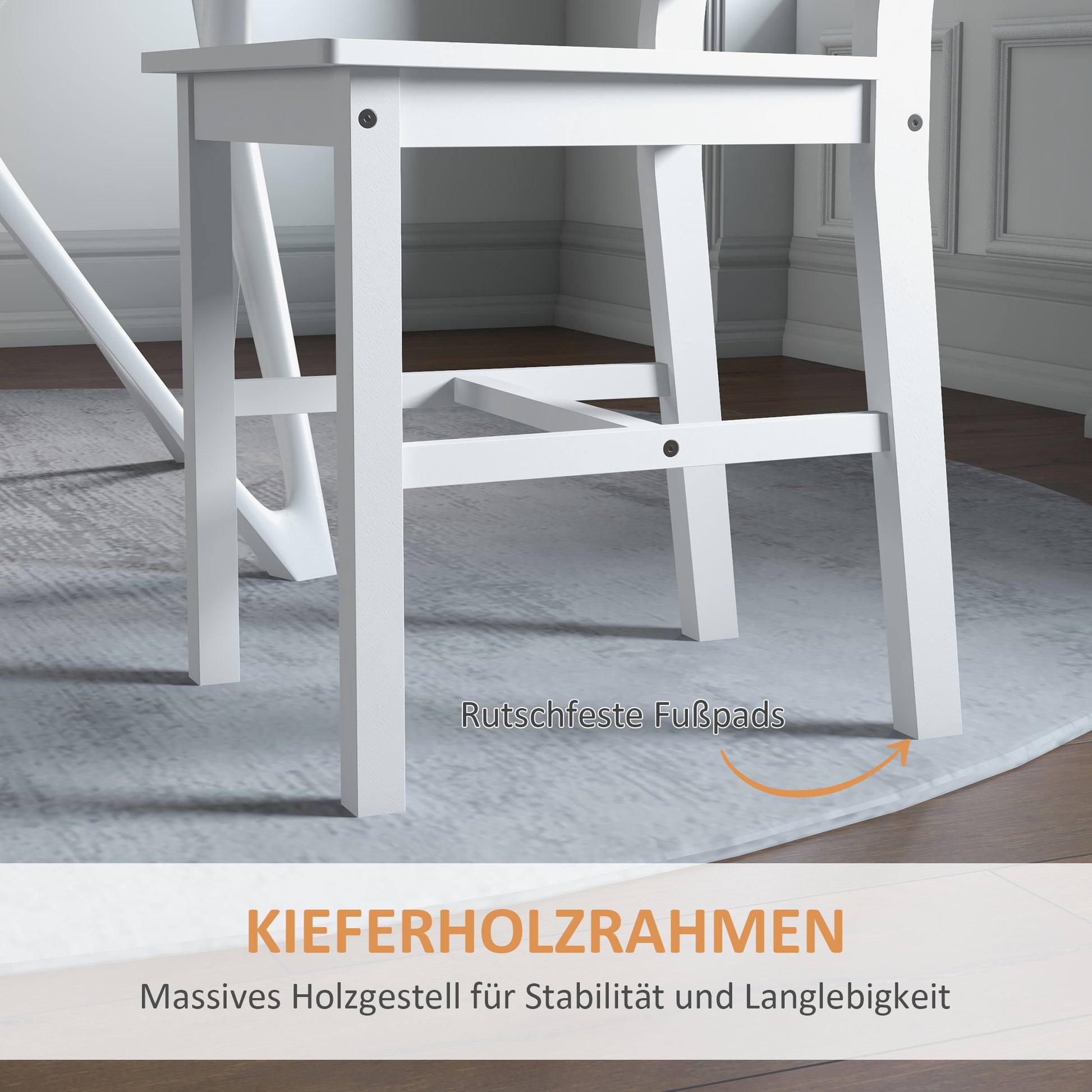 Esszimmerstühle 2er Set Holz Küchenstuhl mit Leistenrücklehne, Rutschfest, Weiß
