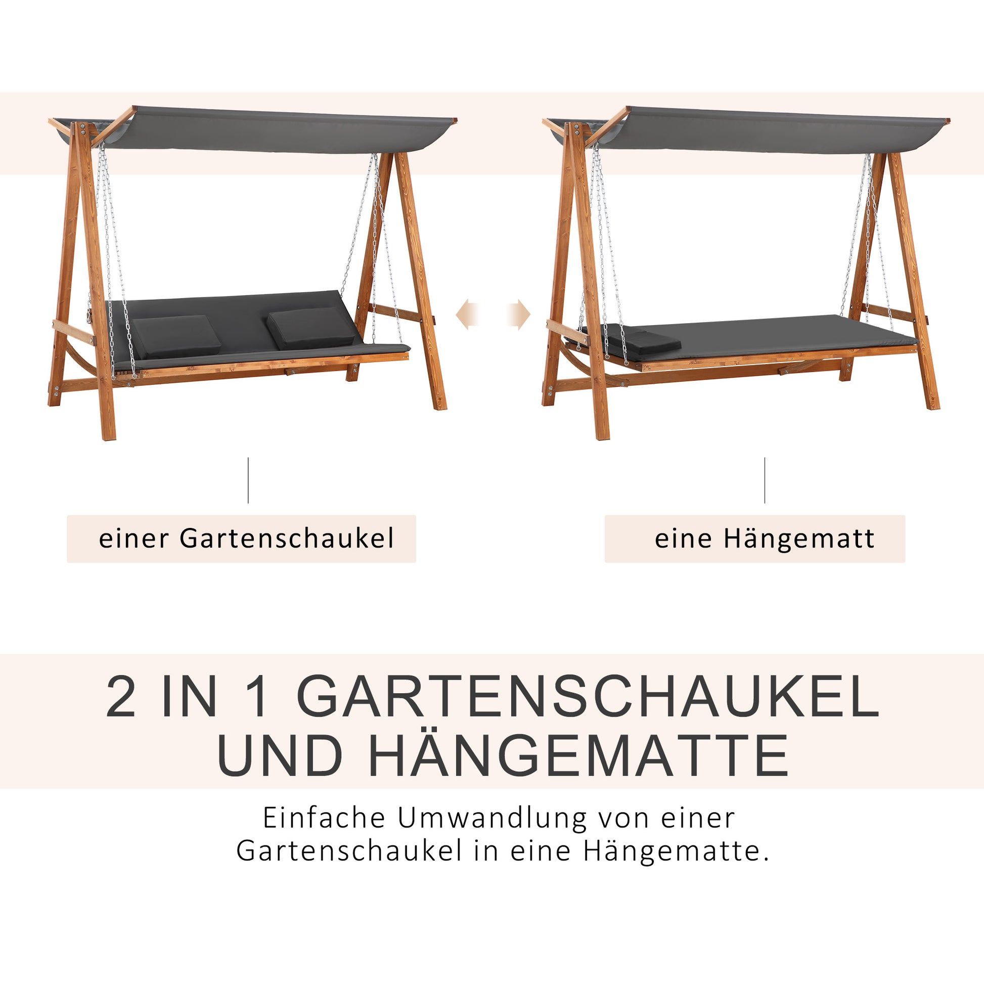 3-Sitzer Gartenschaukel mit verstellbarem Sonnendach Schaukelbank belast 250kg Grau+Teak