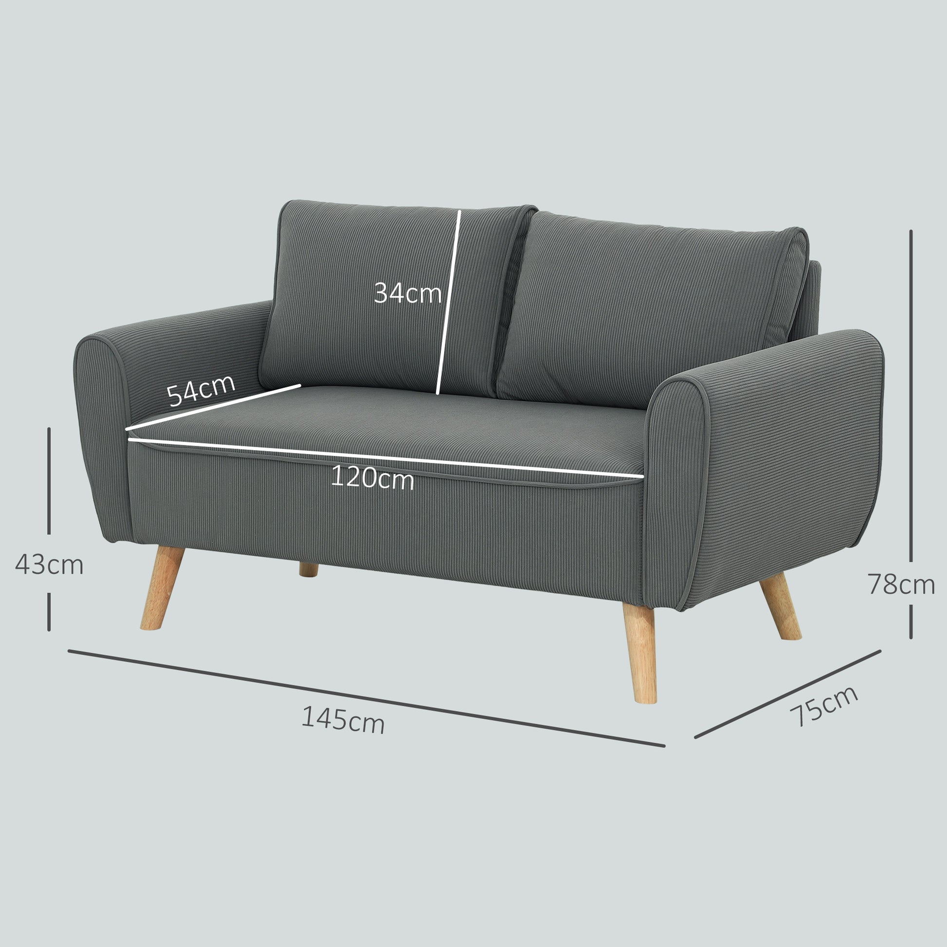 2 Sitzer-Sofa, Stoffcouch, 2 Rückenkissen, Cordbezug, 145 x 75 x 78 cm, Anthrazit