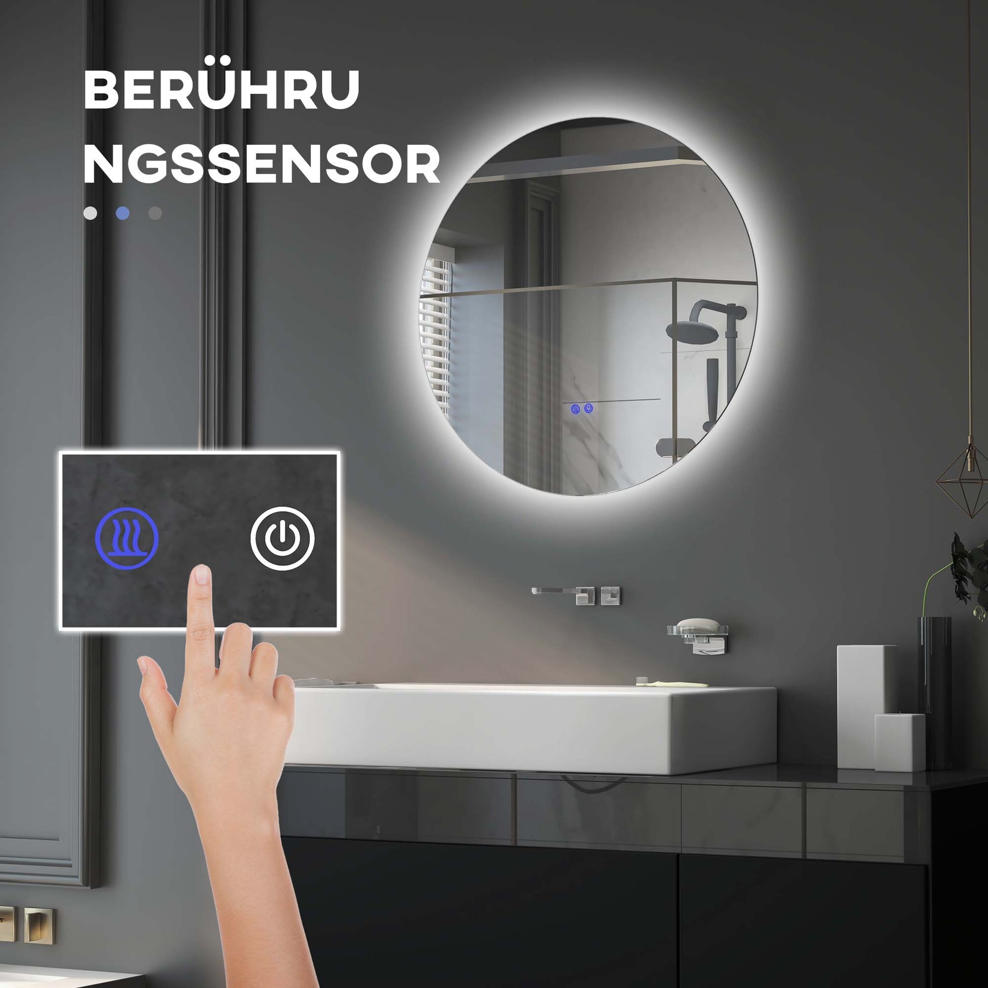 Badezimmerspiegel, LED, Farbwechsel, Antibeschlag, Touch-Schalter, IP44, Ø 60 cm, Weiß