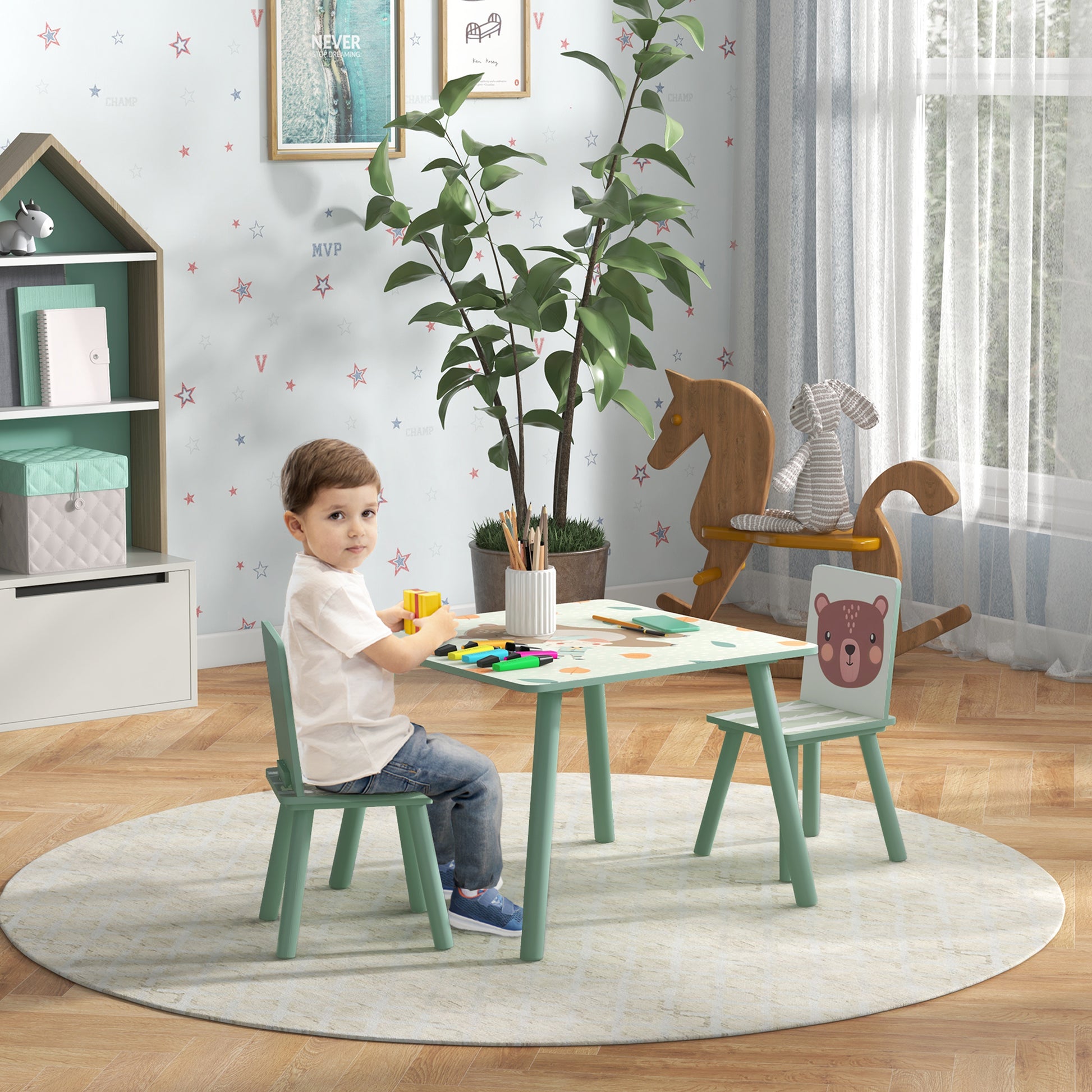 Sitzgruppe für Kinder 3-8 Jahre, 1 Tisch & 2 Stühle, niedliches Tiermotiv, Grün