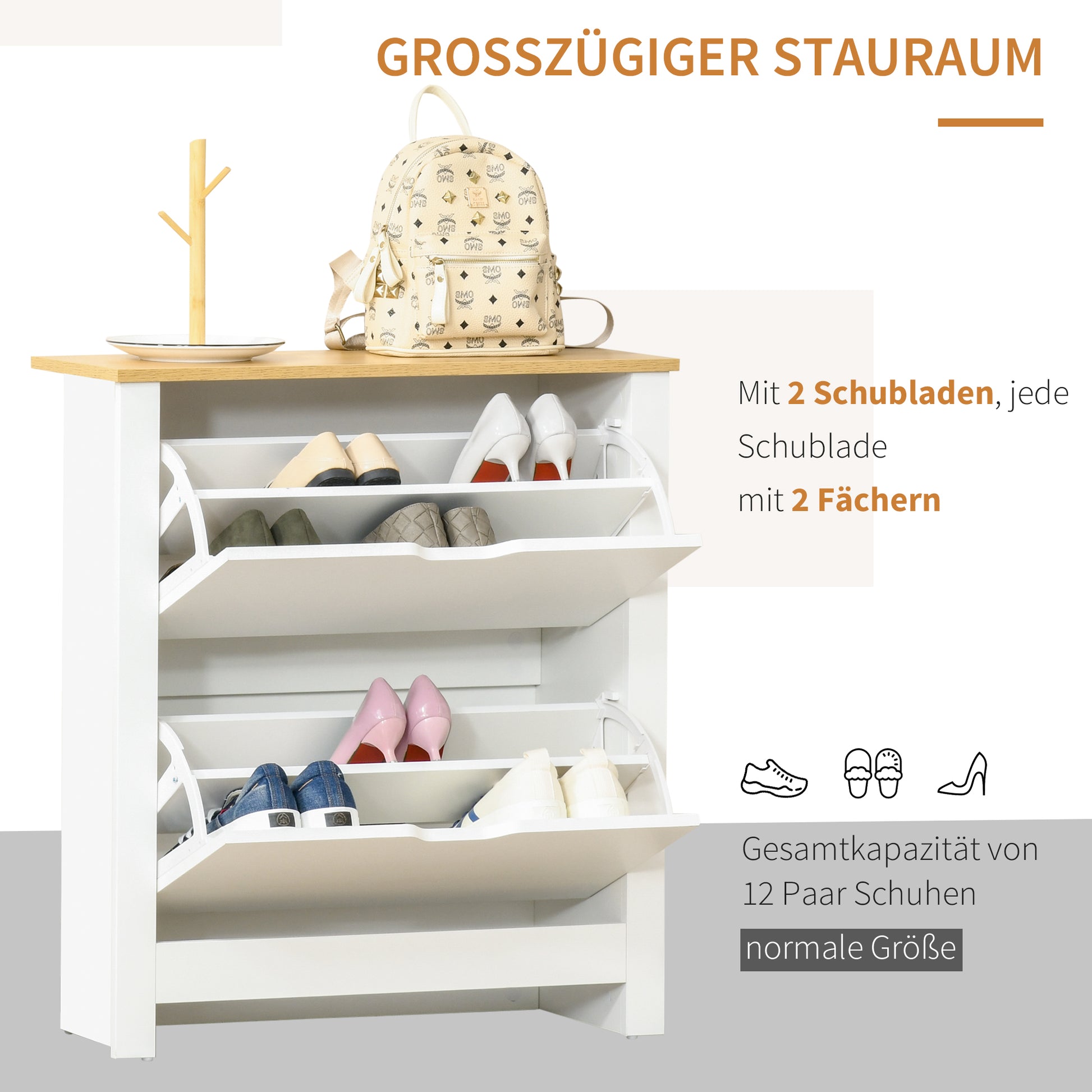 Schuhschrank, 2 Fächer, 12 Paar Schuhe, 72 cm x 26 cm x 80 cm, Weiß + Braun
