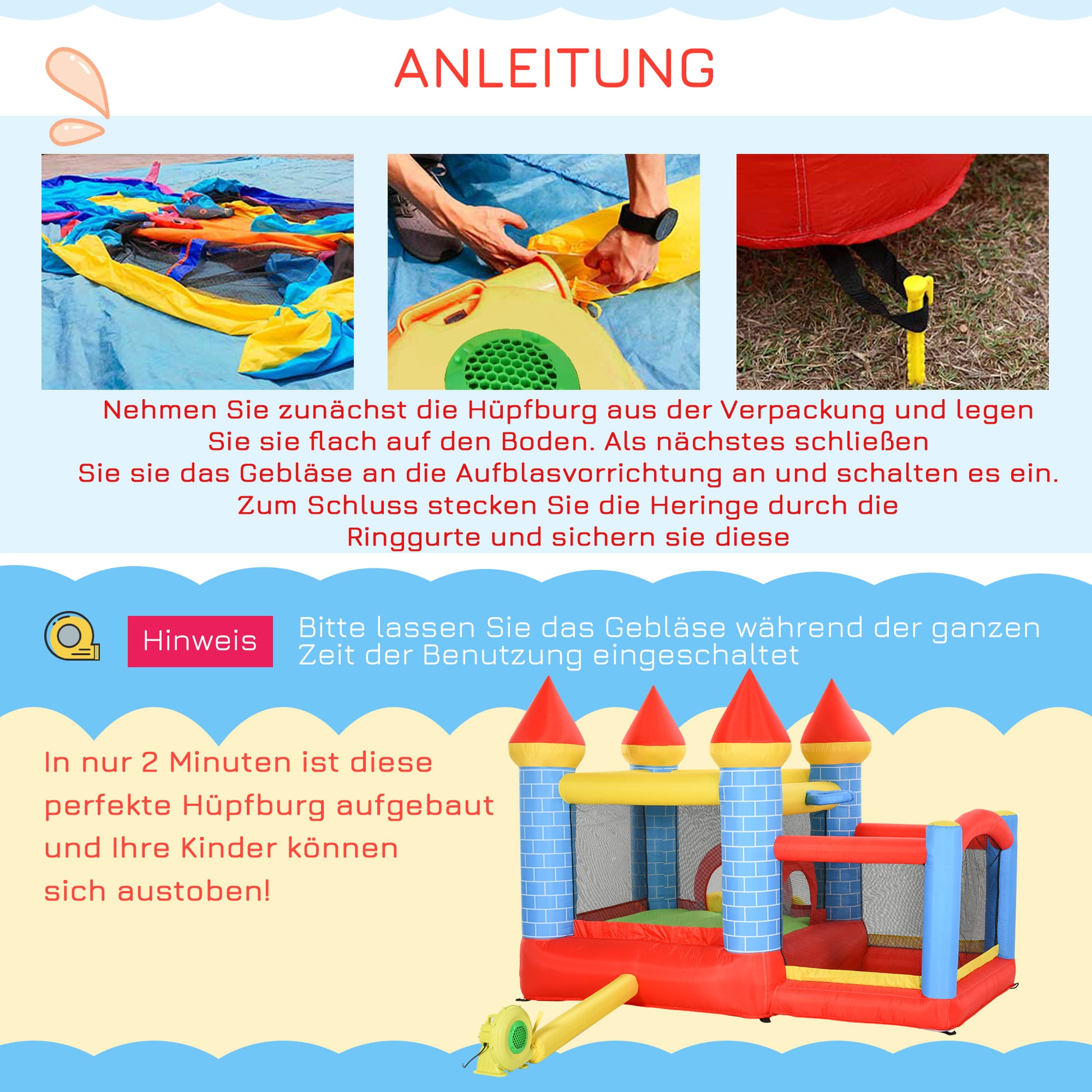Aufblasbare Hüpfburg mit Rutsche Pool für 3 Kinder Burg mit Gebläse,3-8 Jahre 280x260x210 cm