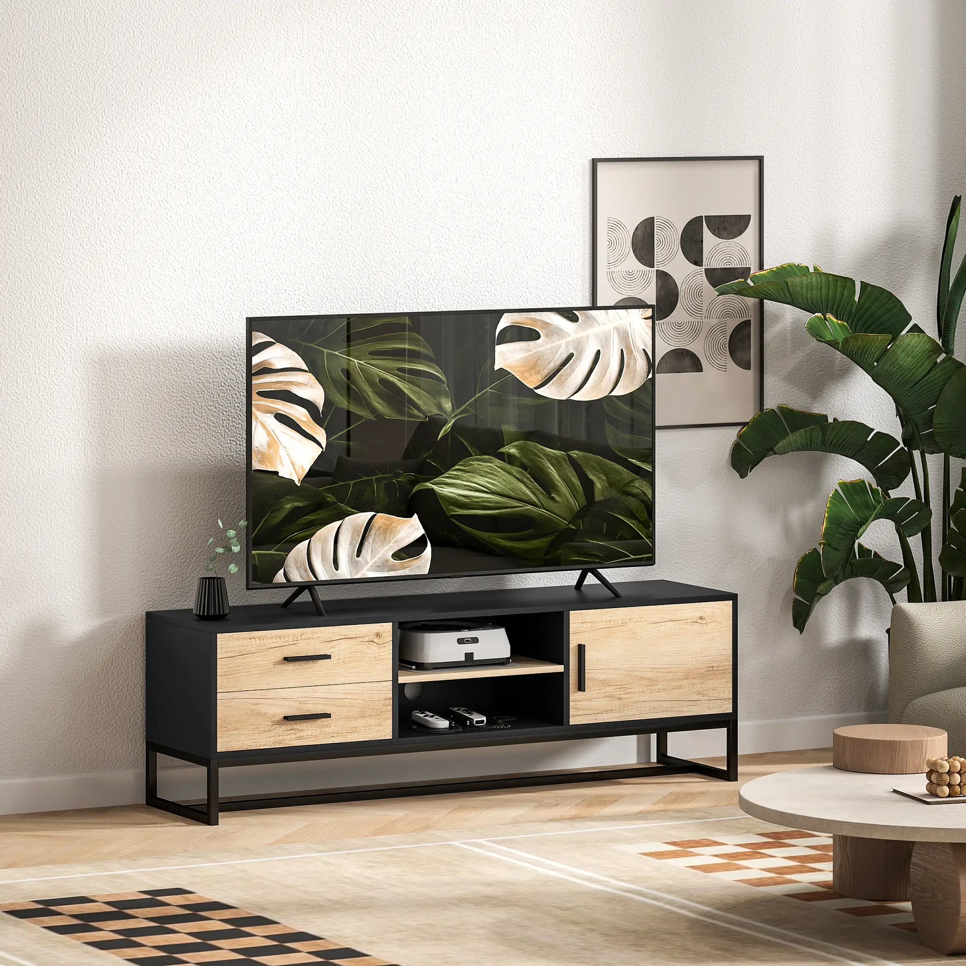TV-Schrank mit Tür, 2 Schubladen, offene Fächer, verstellbares Regal, Schwarz