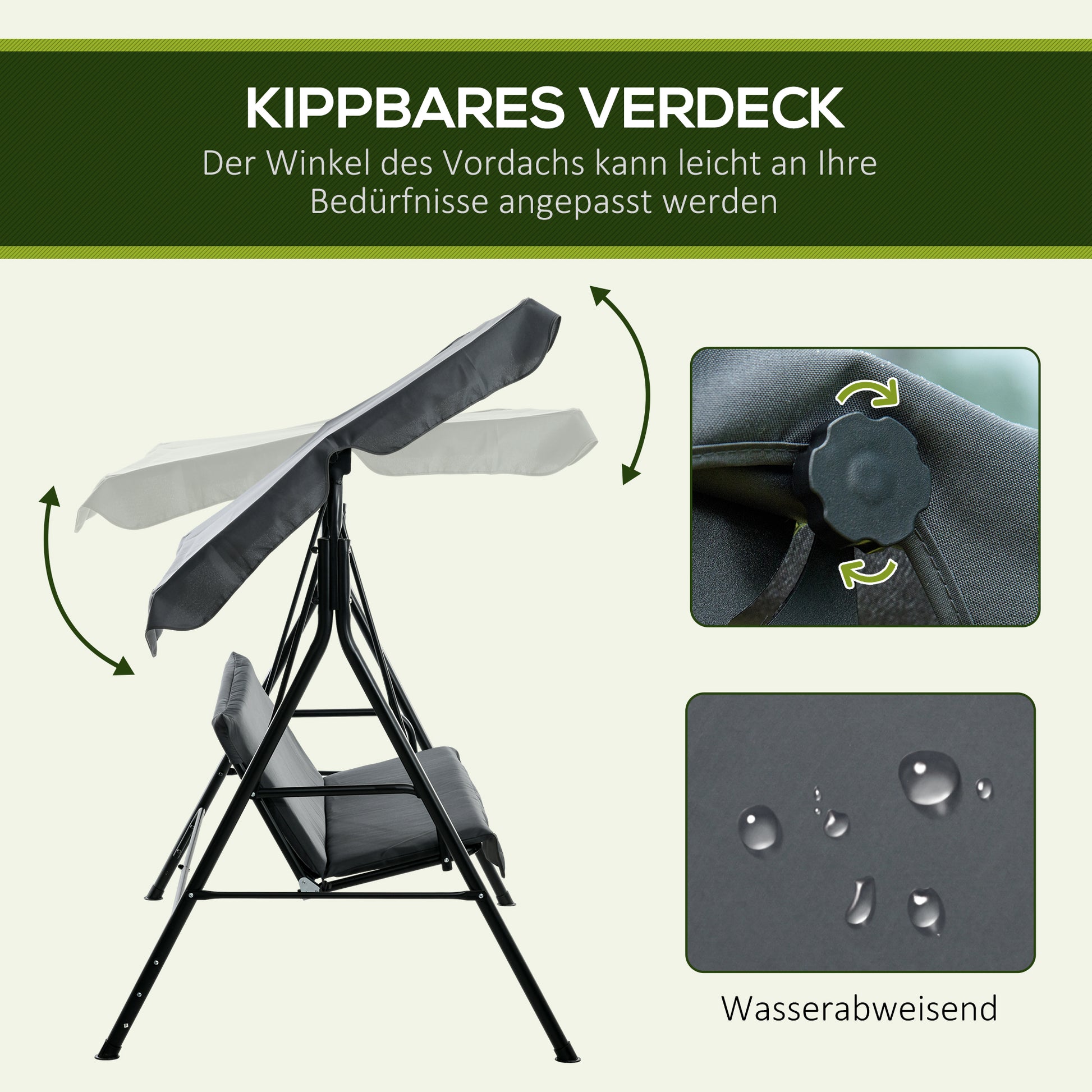 Gartenschaukel, 3-Sitzer Schaukelbank mit Dach, Stahl, 172 x 110 x 153 cm, Grau