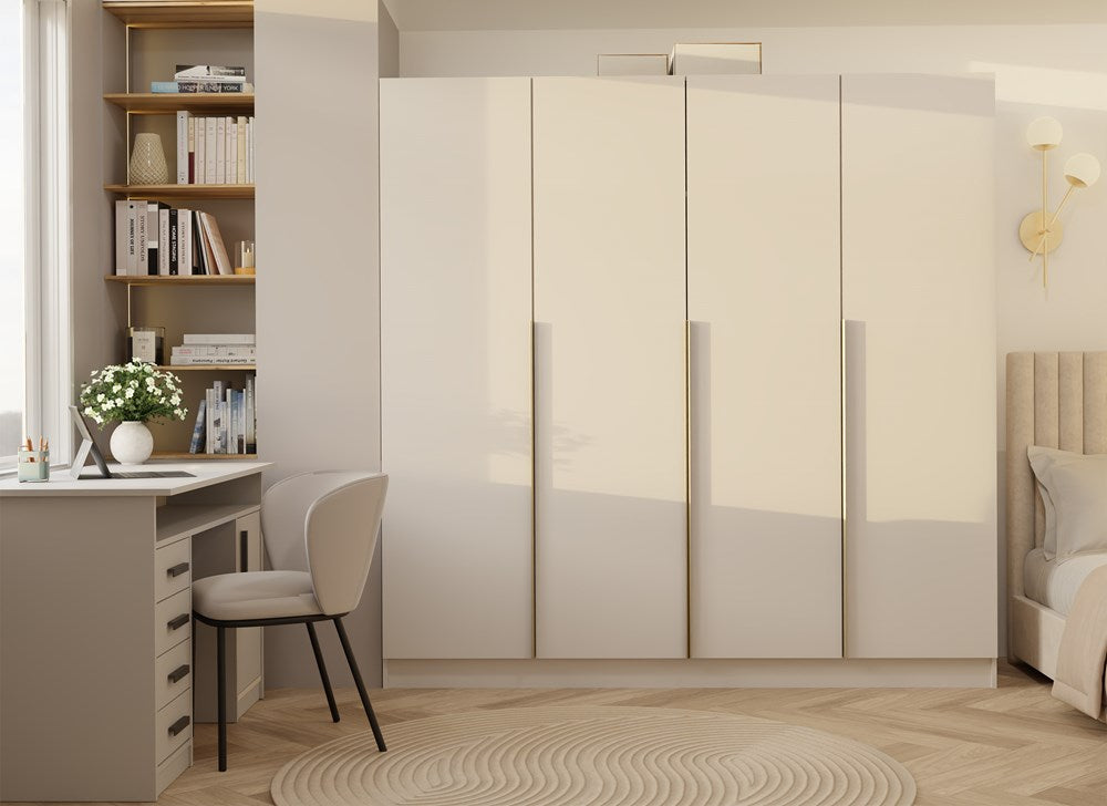 Kleiderschrank SENSO – Kaschmir Beige mit goldenen Griffen, 3- oder 4-türig (150/200 cm)