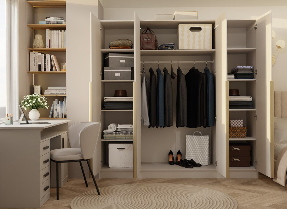 Kleiderschrank SENSO – Kaschmir Beige mit goldenen Griffen, 3- oder 4-türig (150/200 cm)