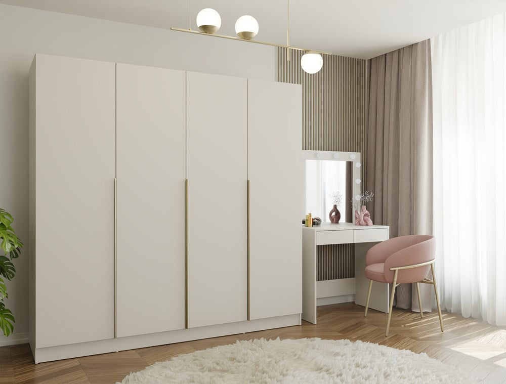 Kleiderschrank SENSO – Kaschmir Beige mit goldenen Griffen, 3- oder 4-türig (150/200 cm)
