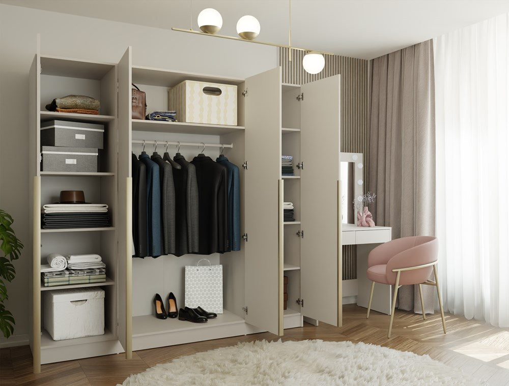 Kleiderschrank SENSO – Kaschmir Beige mit goldenen Griffen, 3- oder 4-türig (150/200 cm)