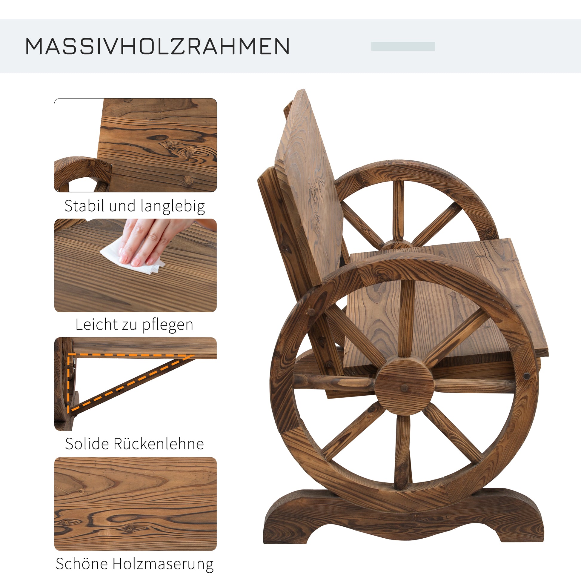 2-Sitzer Gartenbank Massivholz mit Armlehne, 250kg belastbar, Rustikale Bank