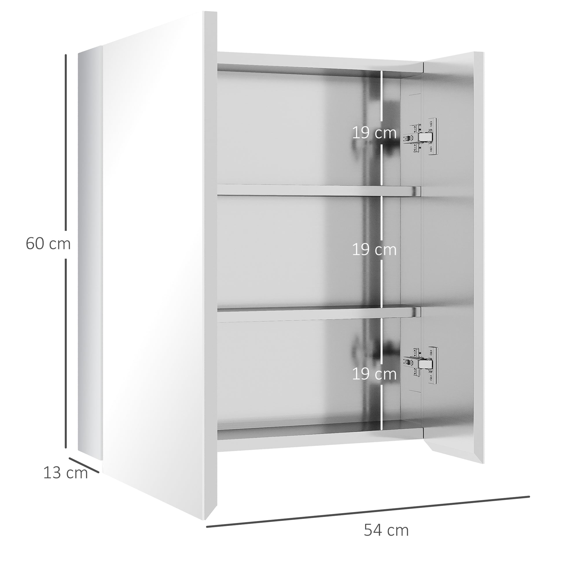 Spiegelschrank, 2 Spiegeltüren, 3 Innenböden, Edelstahl, Farbe: Silber, 54 x 13 x 60 cm