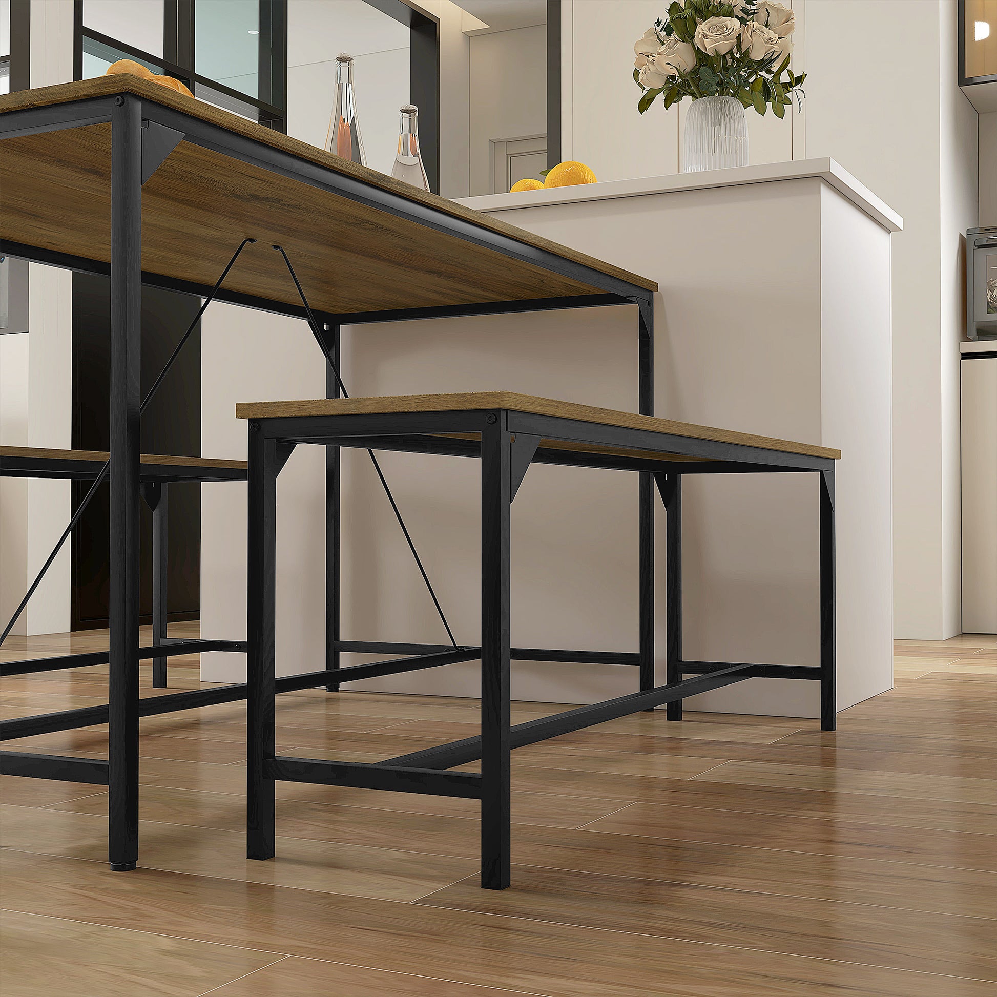 Essgarnitur, Tisch & 2 Bänke, Industrial Design, Stahlrahmen, Holzdekor/Schwarz