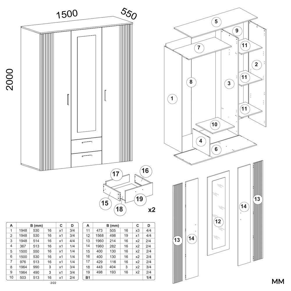 Kleiderschrank AVA 150 cm – 3-türig mit Spiegel & 2 Schubladen, Kaschmir Beige / Eiche Evoke