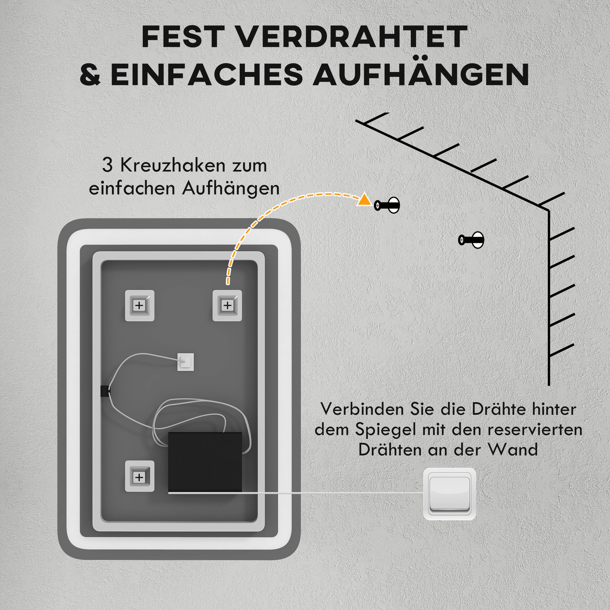 Badezimmerspiegel, beleuchtet, Touch-Steuerung, beschlagfrei, dimmbar, 3 Lichtfarben