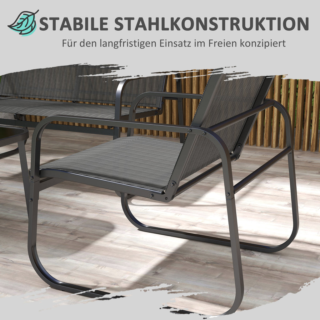 4-teilige Gartengarnitur, 2 Sessel, 2-Sitzer-Sofa, Glasplatte, atmungsaktiver Stoff, Metallrahmen
