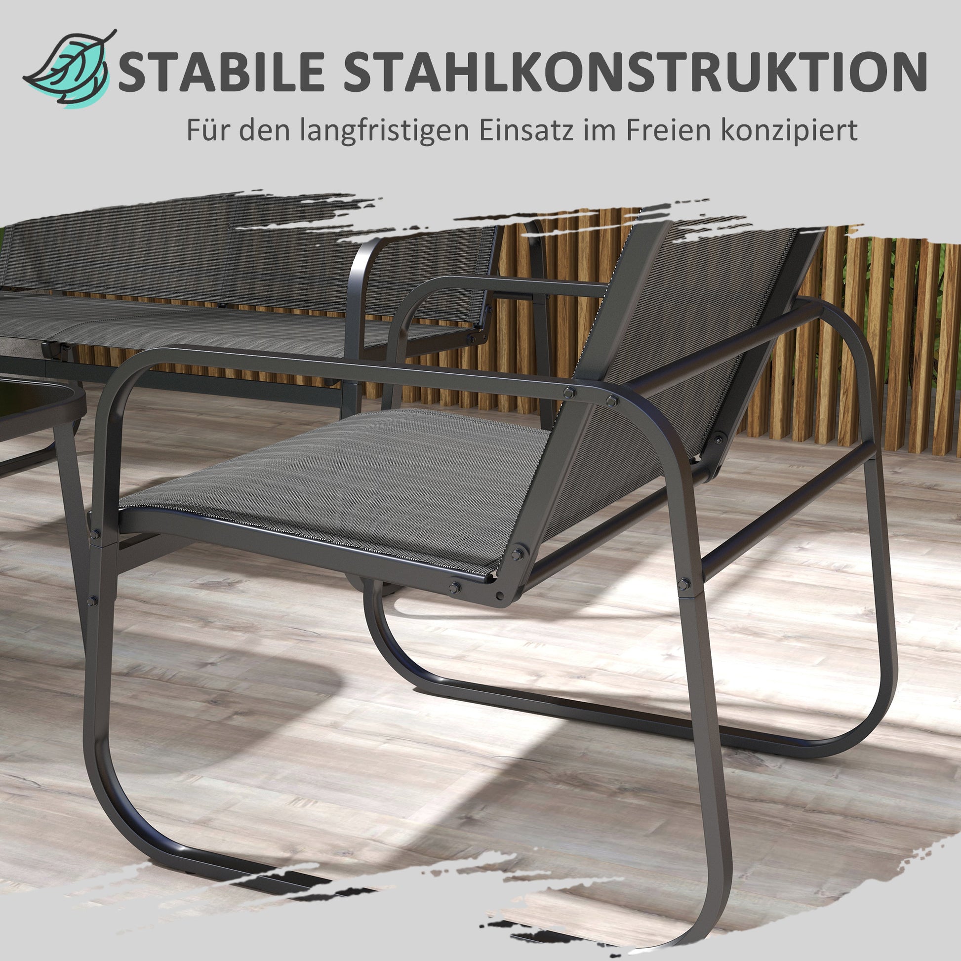 4-teilige Gartengarnitur, 2 Sessel, 2-Sitzer-Sofa, Glasplatte, atmungsaktiver Stoff, Metallrahmen