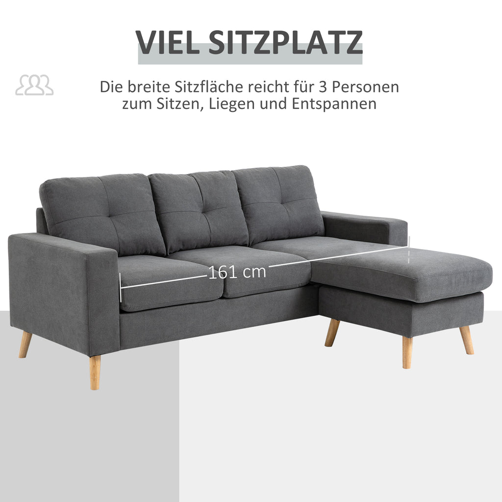 Ecksofa L-Form graue Eckcouch mit Chaiselongue Leinenoptik für 3 Personen 193x136x85cm Dunkelgrau