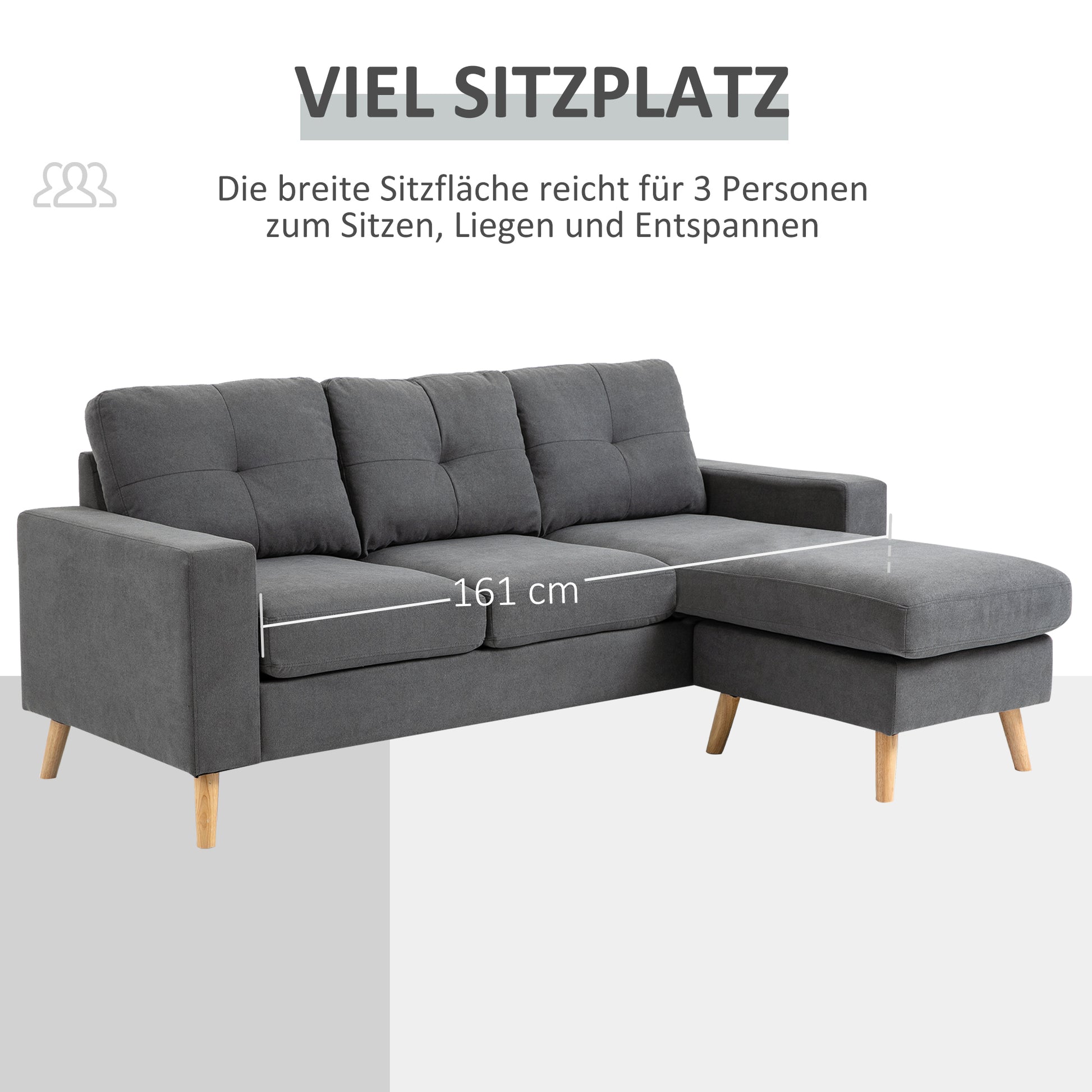 Ecksofa L-Form graue Eckcouch mit Chaiselongue Leinenoptik für 3 Personen 193x136x85cm Dunkelgrau