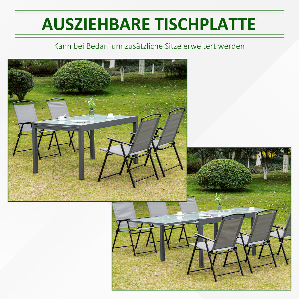 Ausziehbarer Gartentisch mit gehärteter Glasplatte Aluminium Rechteck, Grau Weiß 270 cm