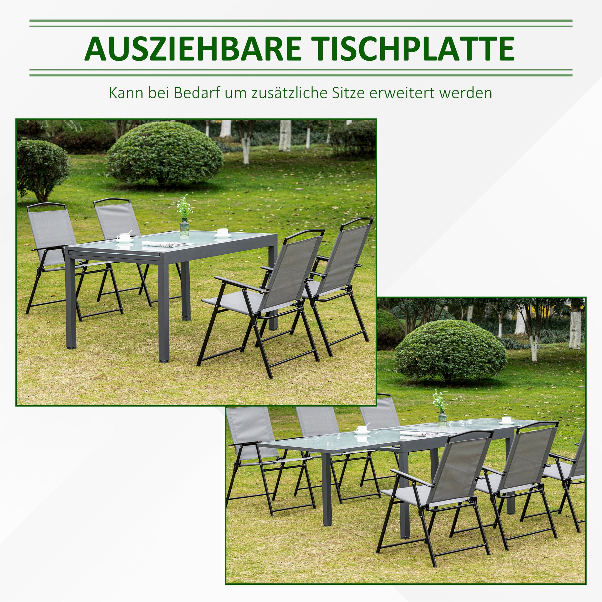 Ausziehbarer Gartentisch mit gehärteter Glasplatte Aluminium Rechteck, Grau Weiß 270 cm