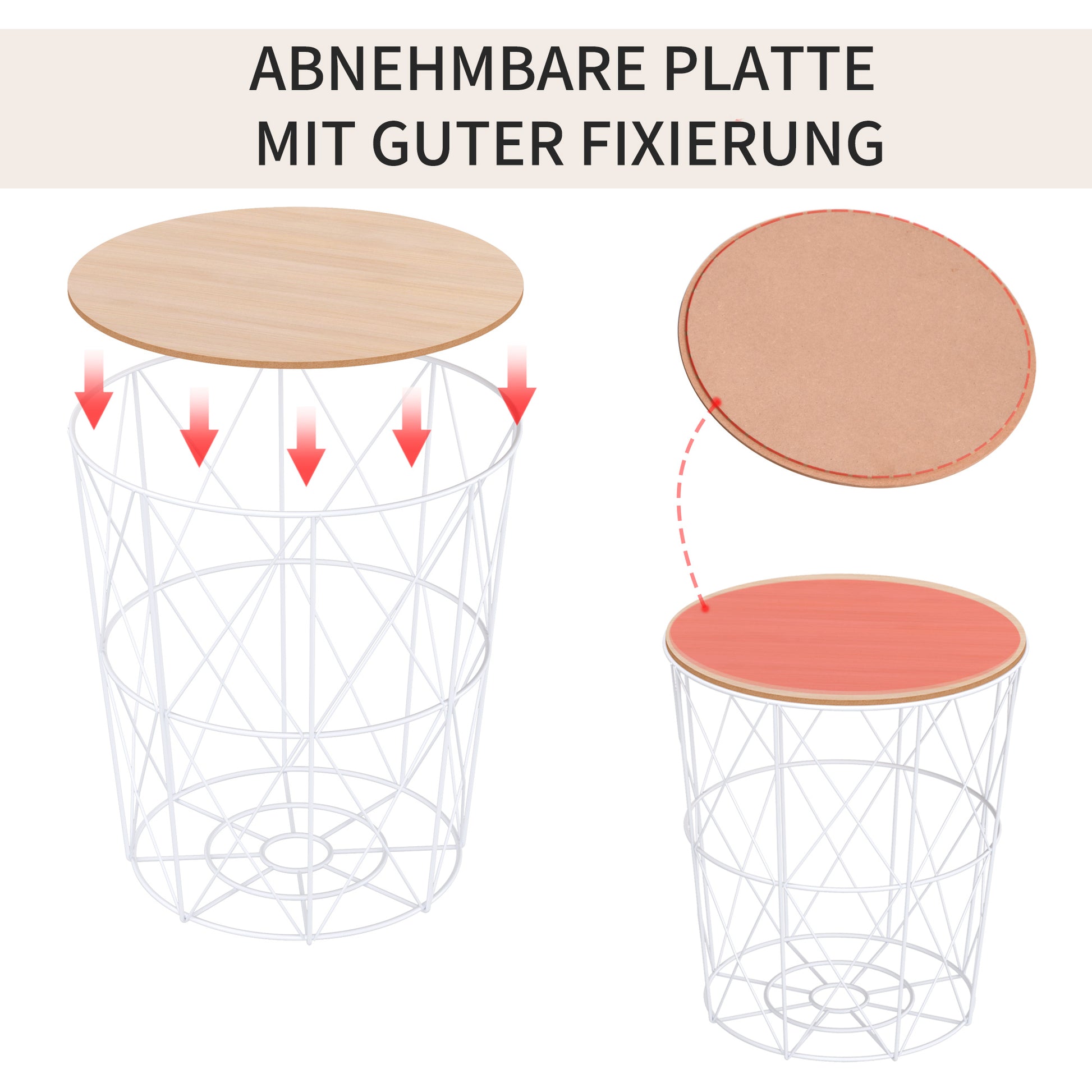 Couchtisch Rund 2er Set stapelbar Beistelltisch mit abnehmbaren Deckel Satztisch Kaffeetisch mit Metallgestell