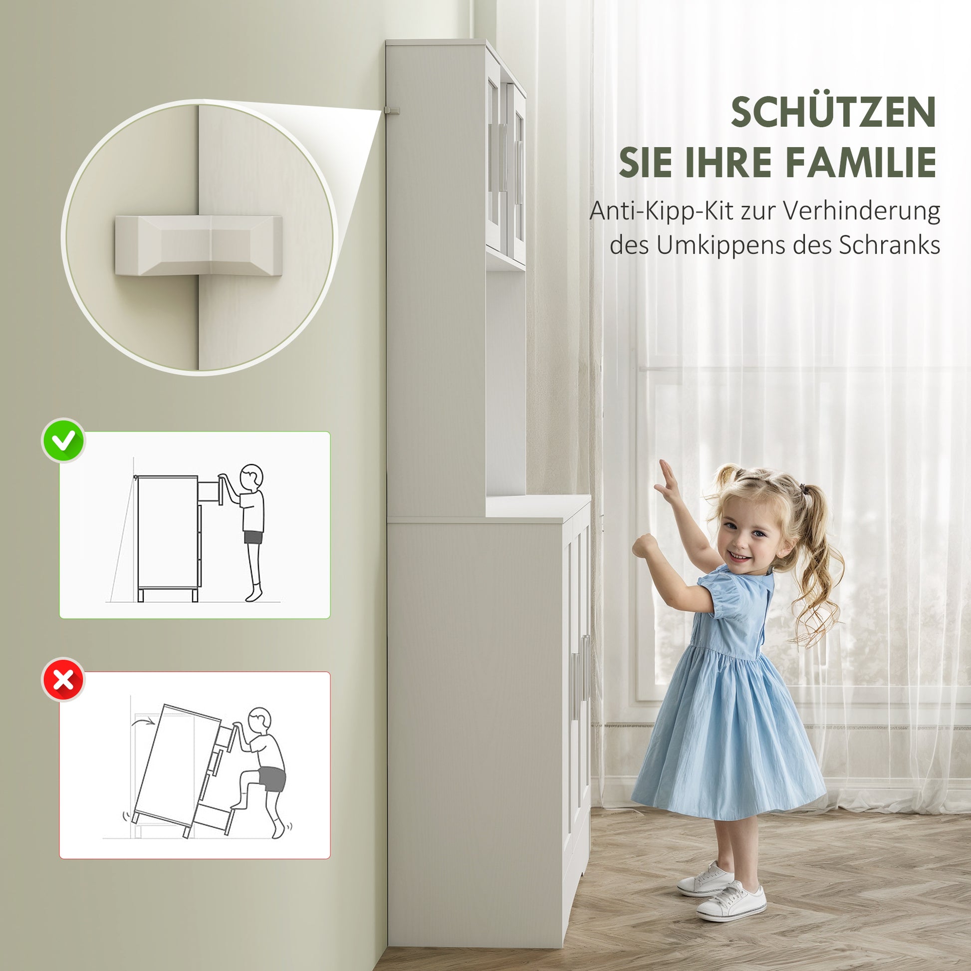 Küchenschrank, Skandinavisches Design, verstellbare Regale, Glastüren, offene Fläche, Spanplatte, MDF