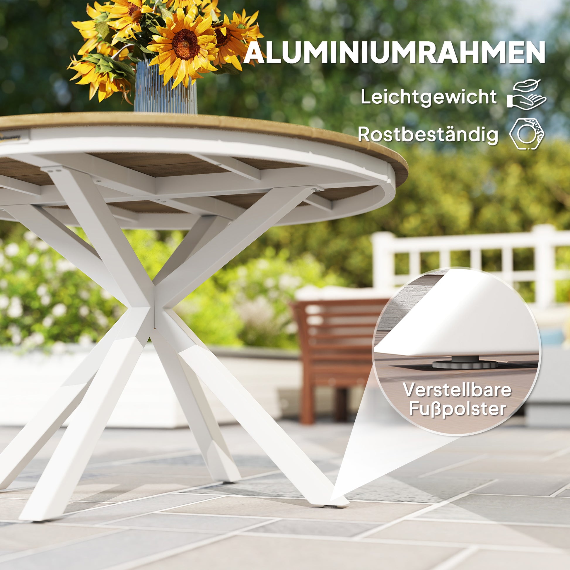 Gartentisch Ø118cm aus Aluminium, Wetterfest, Beistelltisch mit Kreuzbeine Lattendesign Teak