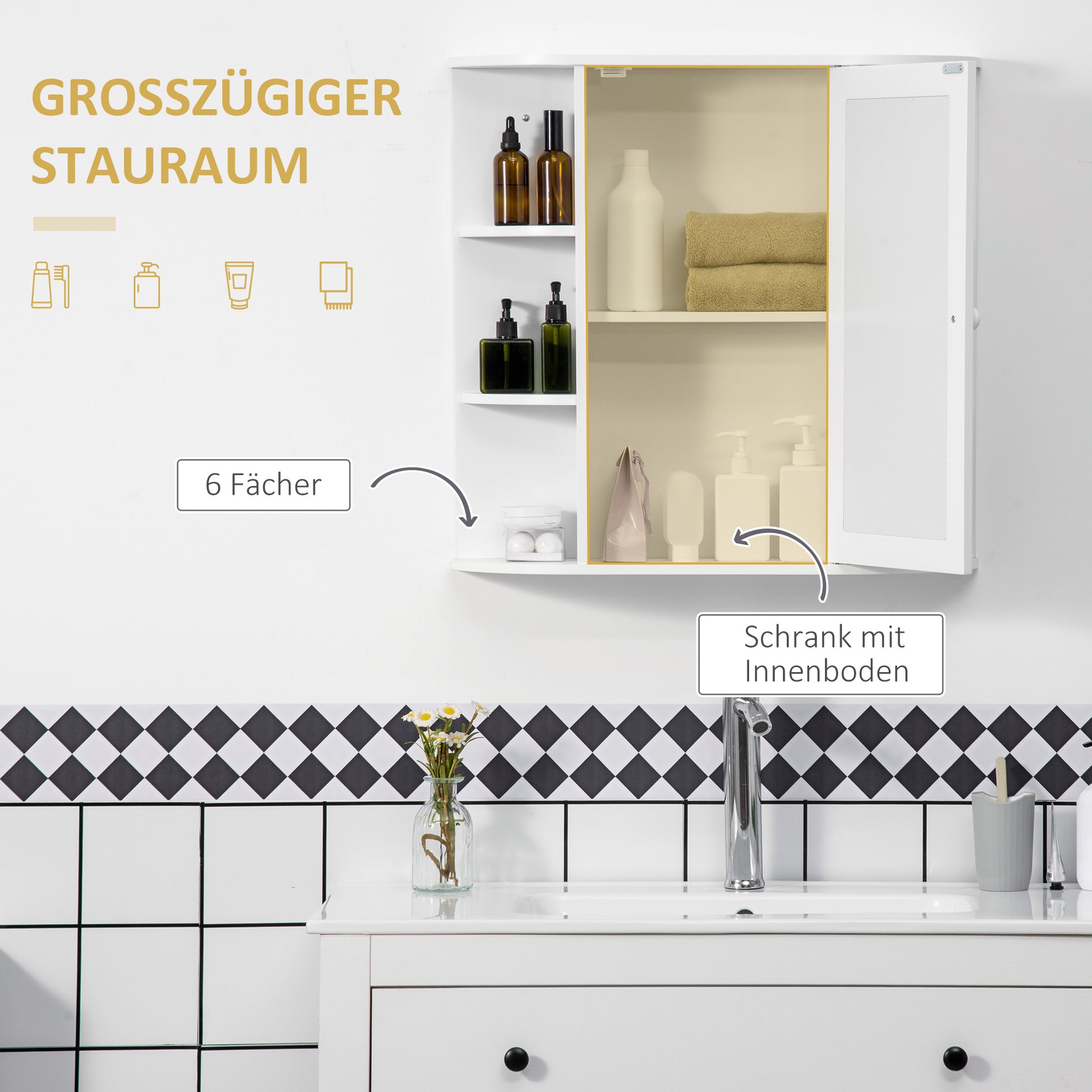 Spiegelschrank, 8 Fächer, Spiegeltüren, wasserbeständig, 66 cm x 17 cm x 63 cm, Weiß