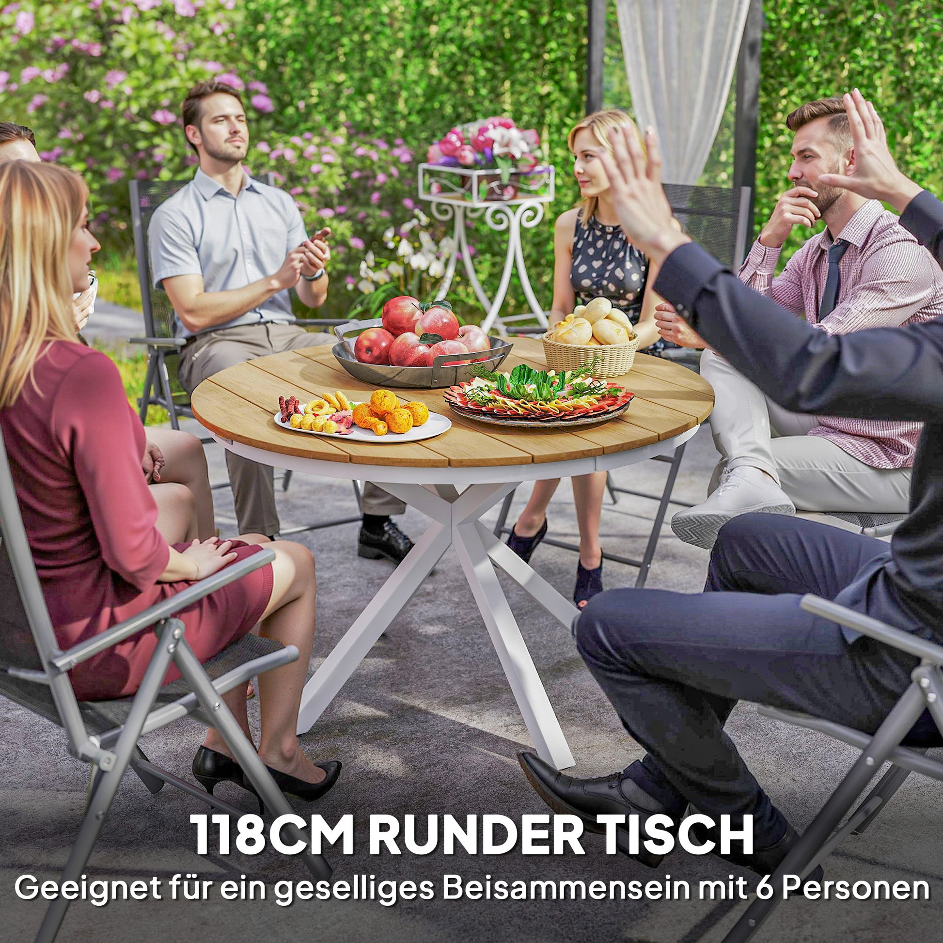 Gartentisch Ø118cm aus Aluminium, Wetterfest, Beistelltisch mit Kreuzbeine Lattendesign Teak