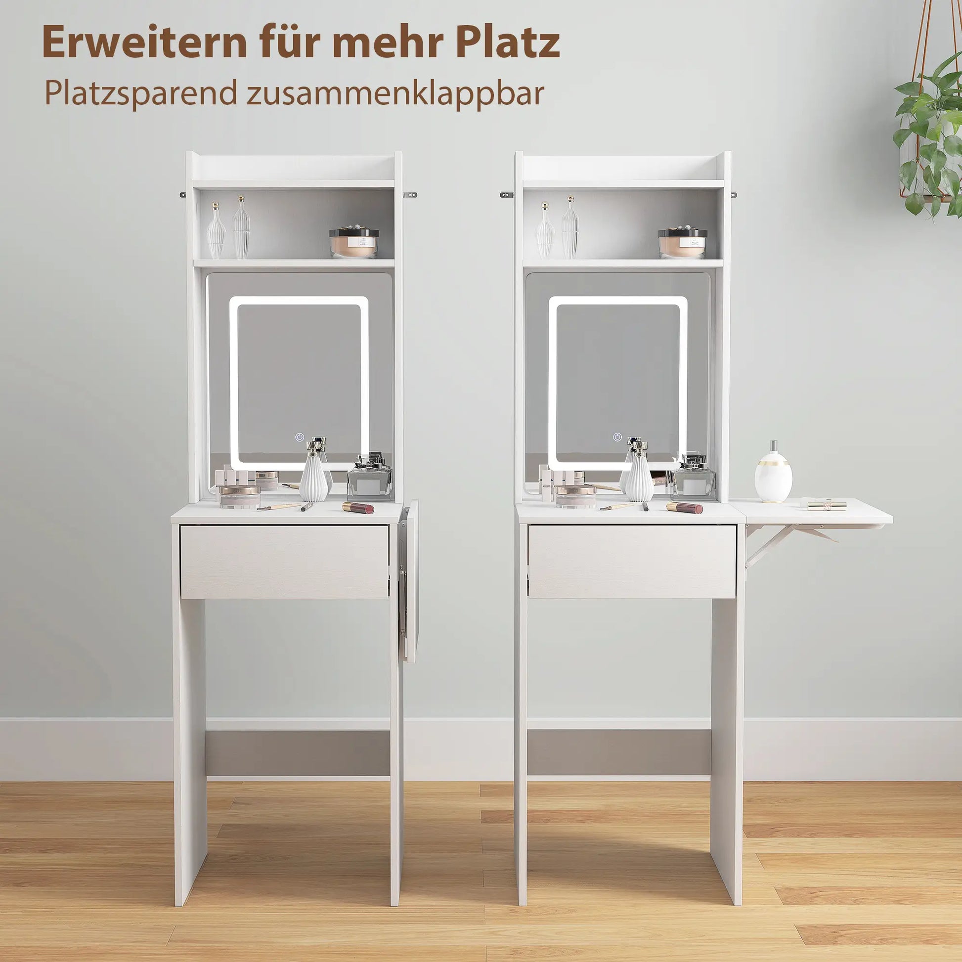 Kompakter Schminktisch mit Spiegel und LED, klappbare Tischplatte, offenere Regale, Schublade