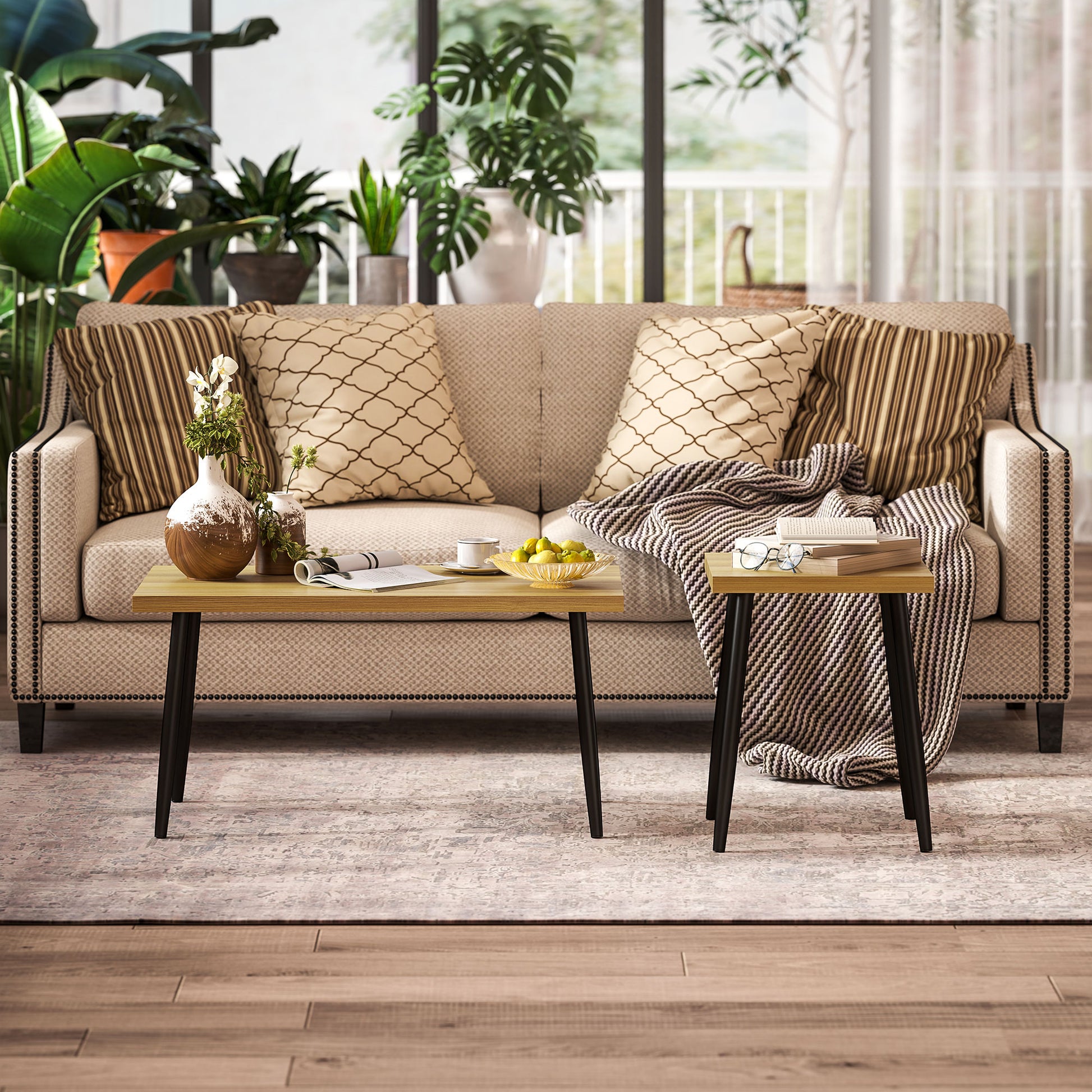2er-Set Kaffeetische mit Metallrahmen und Holzplatte, Flexible Couchtische, Naturholz