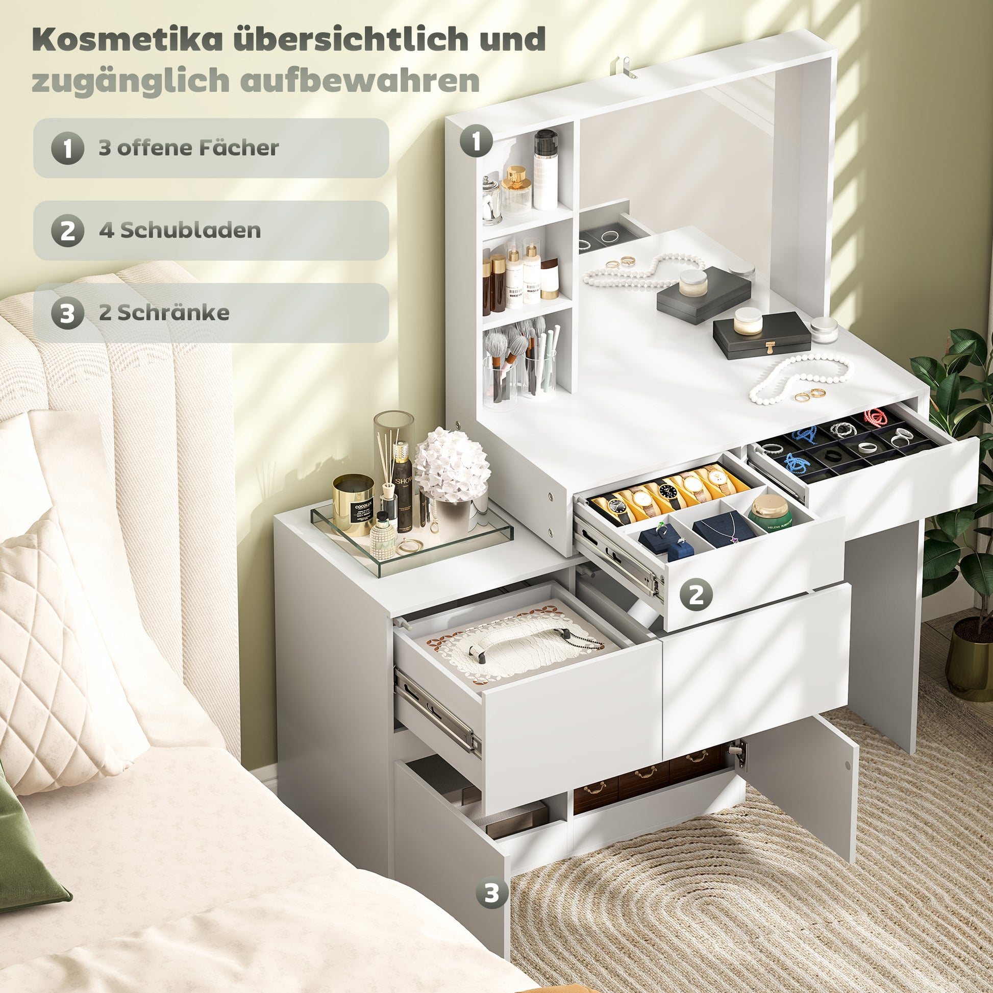 Schminktisch, Make-up-Tisch mit großem Spiegel, 4 Schubladen, 3 offene Fächer, 2 Schränke