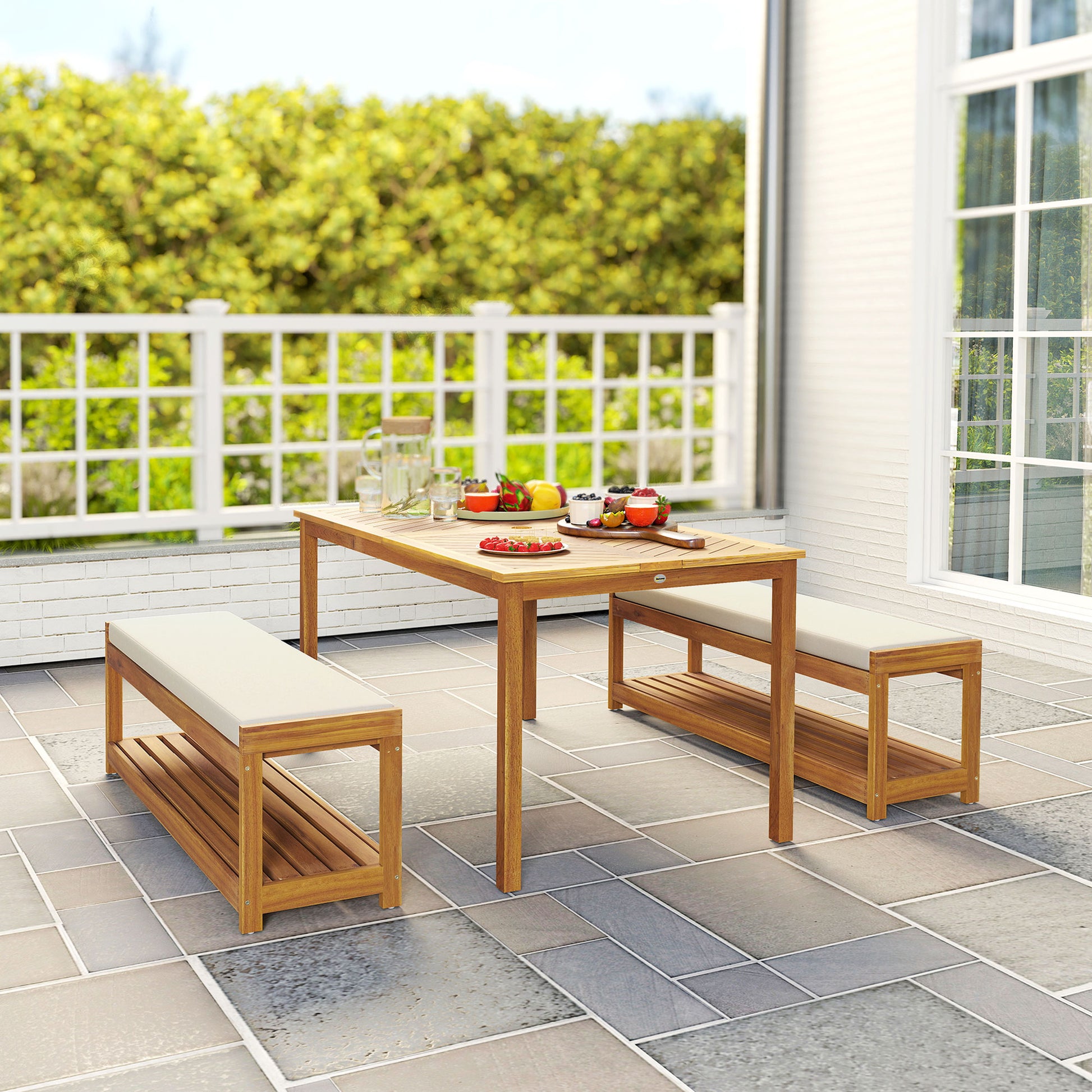 3 tlg. Gartenmöbel-Set, Sitzgarnitur inkl. 1 Esstisch mit Schirmloch, 2 Bänke 150 x 85 x 75 cm